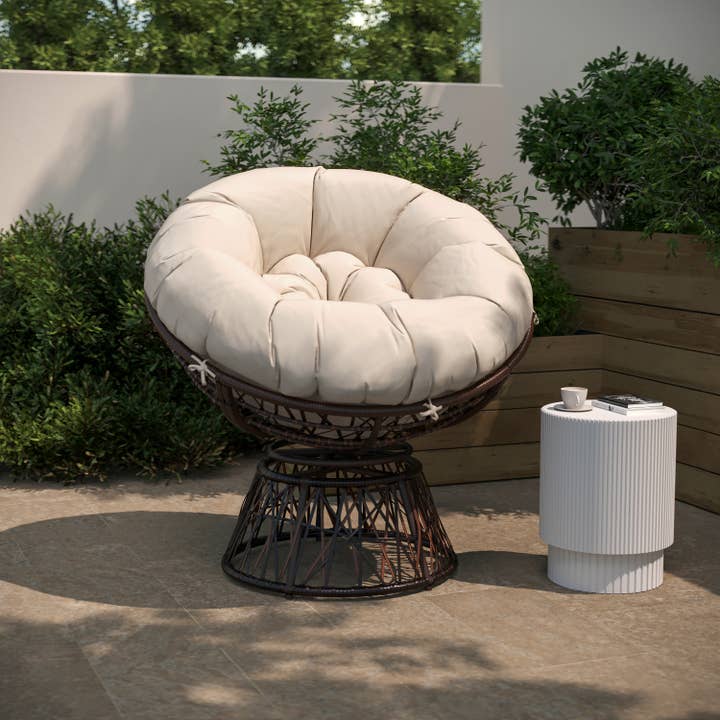 Swivel Patio Papasan Chair with Beige Cushion