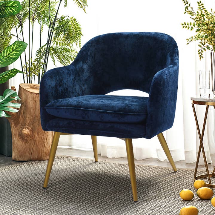 Modern Armchair Accent Chair-Gold Legs-Navy Blue Velvelt