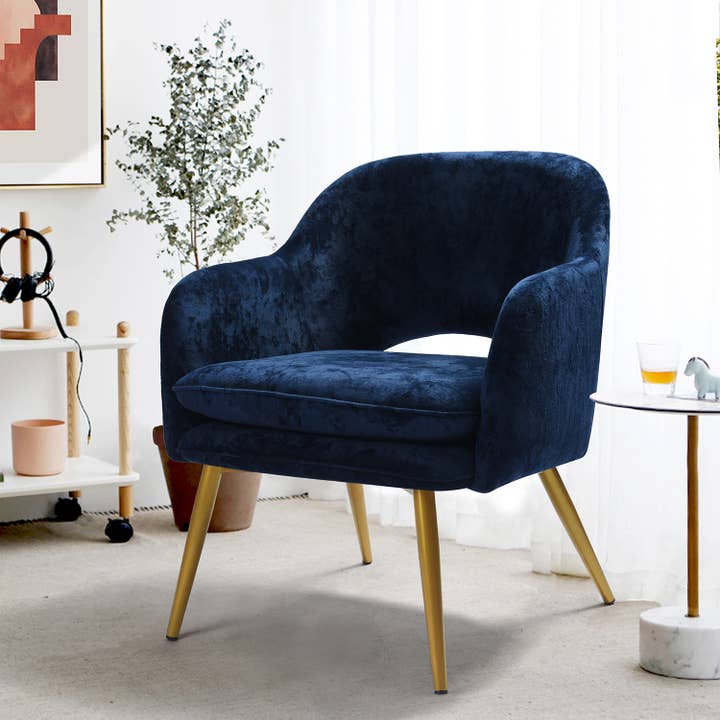 Modern Armchair Accent Chair-Gold Legs-Navy Blue Velvelt