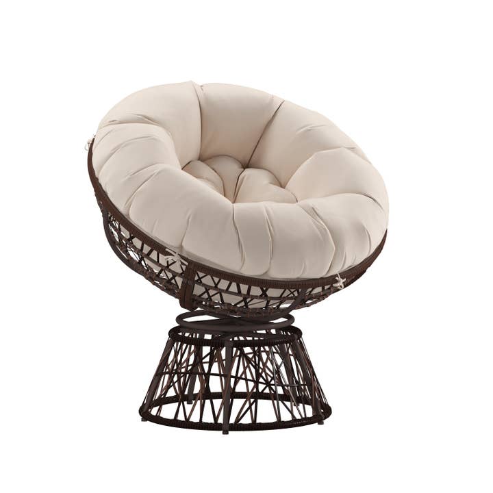 Swivel Patio Papasan Chair with Beige Cushion