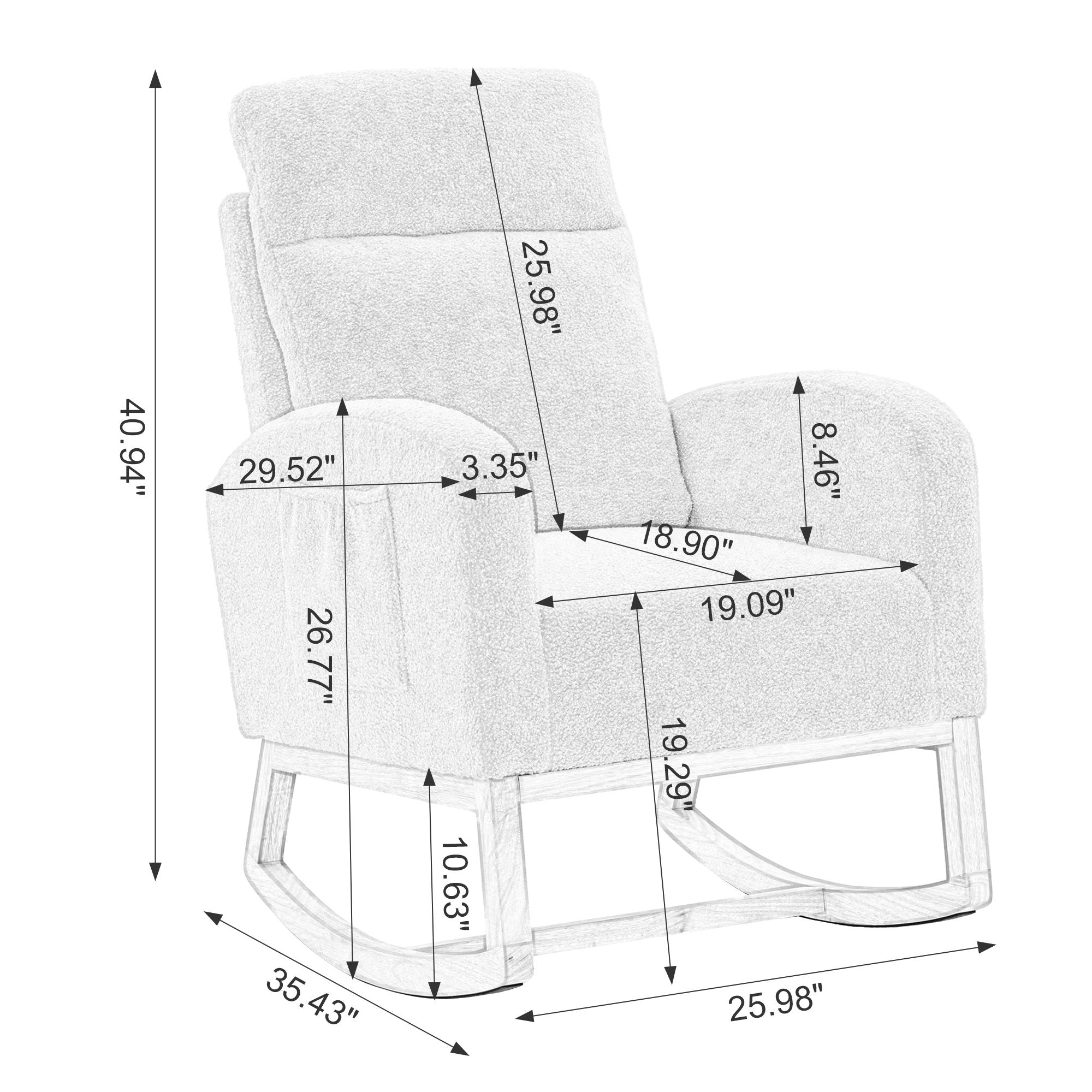 Modern Upholstered Rocking Chair with Solid Wood Legs, High Backrest, Side Pocket, and Comfy Armrests – Nursery Glider and Living Room Accent Chair