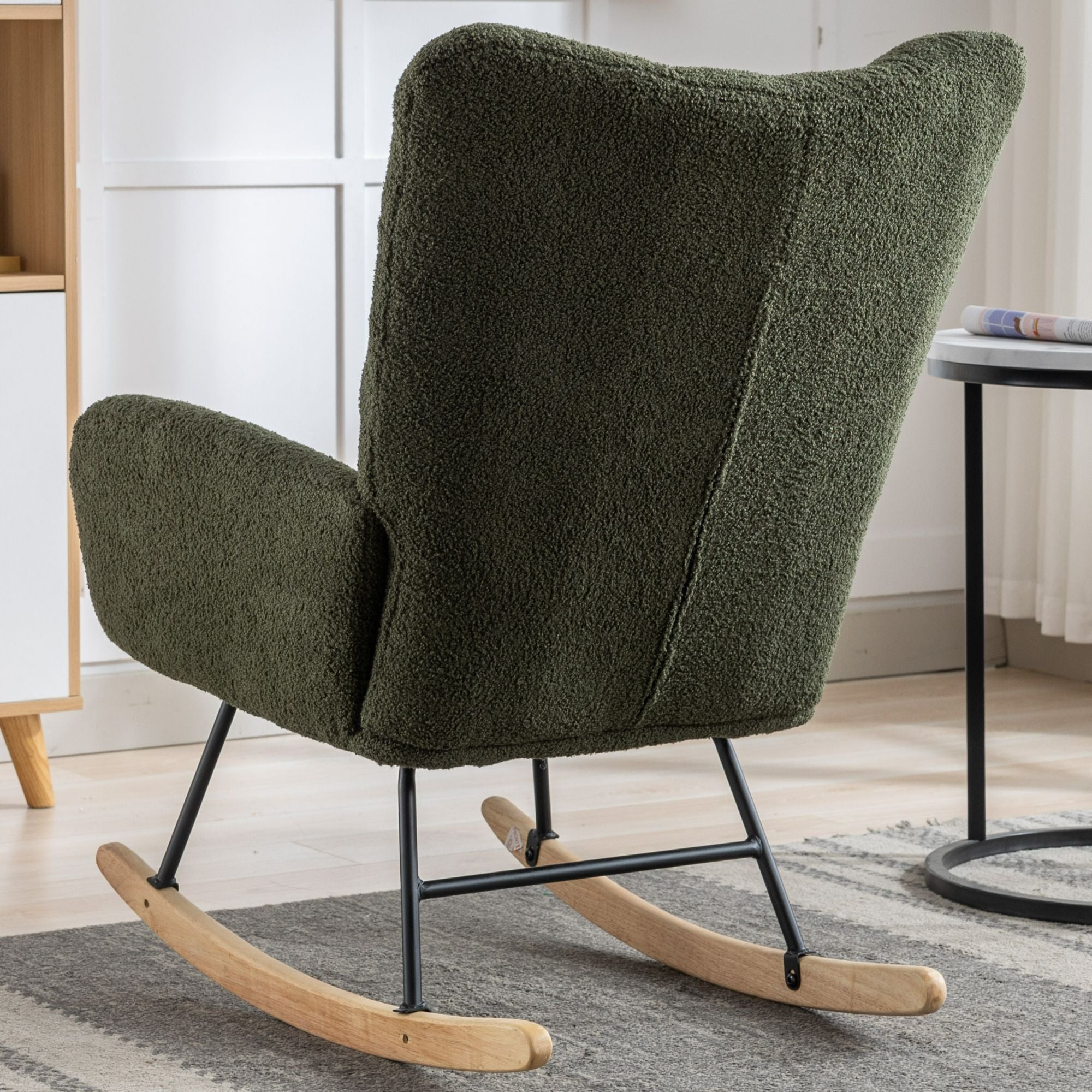 Wingback Rocking Chair with Storage Pocket, Upholstered in Soft Teddy Fabric, Featuring a Sturdy Solid Wood Base