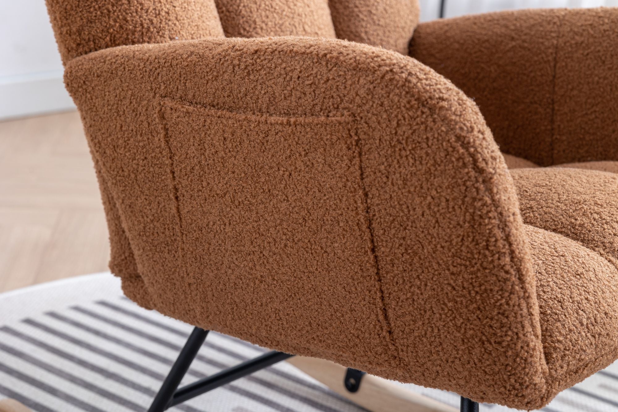 Wingback Rocking Chair with Storage Pocket, Upholstered in Soft Teddy Fabric, Featuring a Sturdy Solid Wood Base