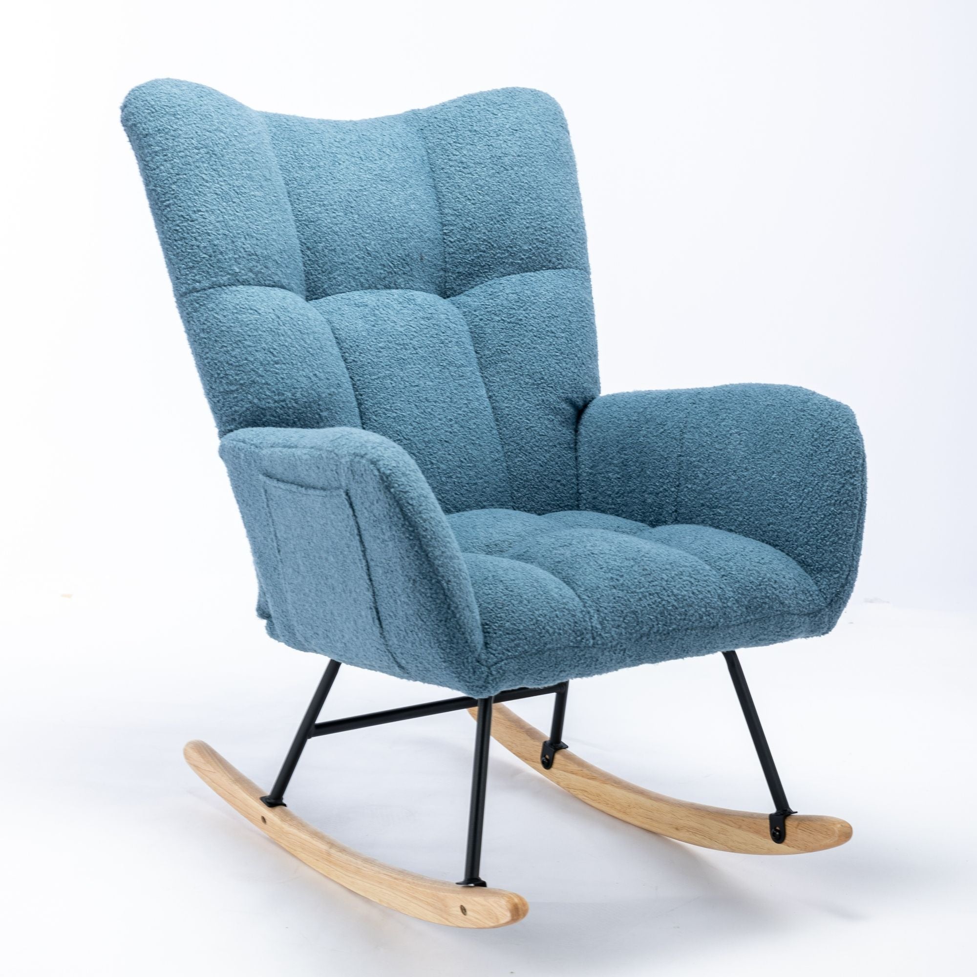 Wingback Rocking Chair with Storage Pocket, Upholstered in Soft Teddy Fabric, Featuring a Sturdy Solid Wood Base