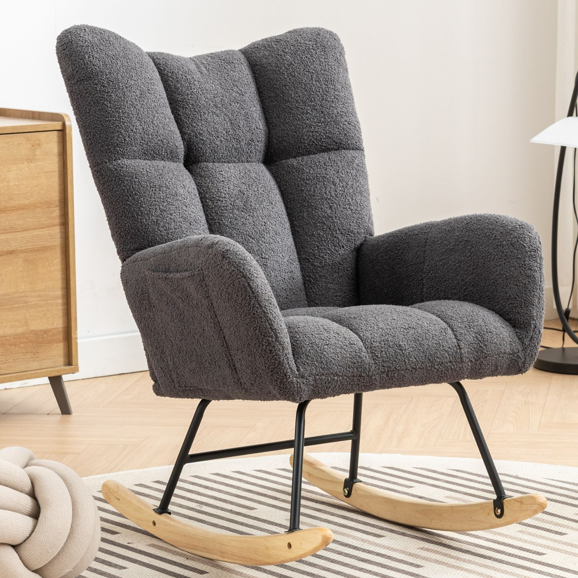 Wingback Rocking Chair with Storage Pocket, Upholstered in Soft Teddy Fabric, Featuring a Sturdy Solid Wood Base