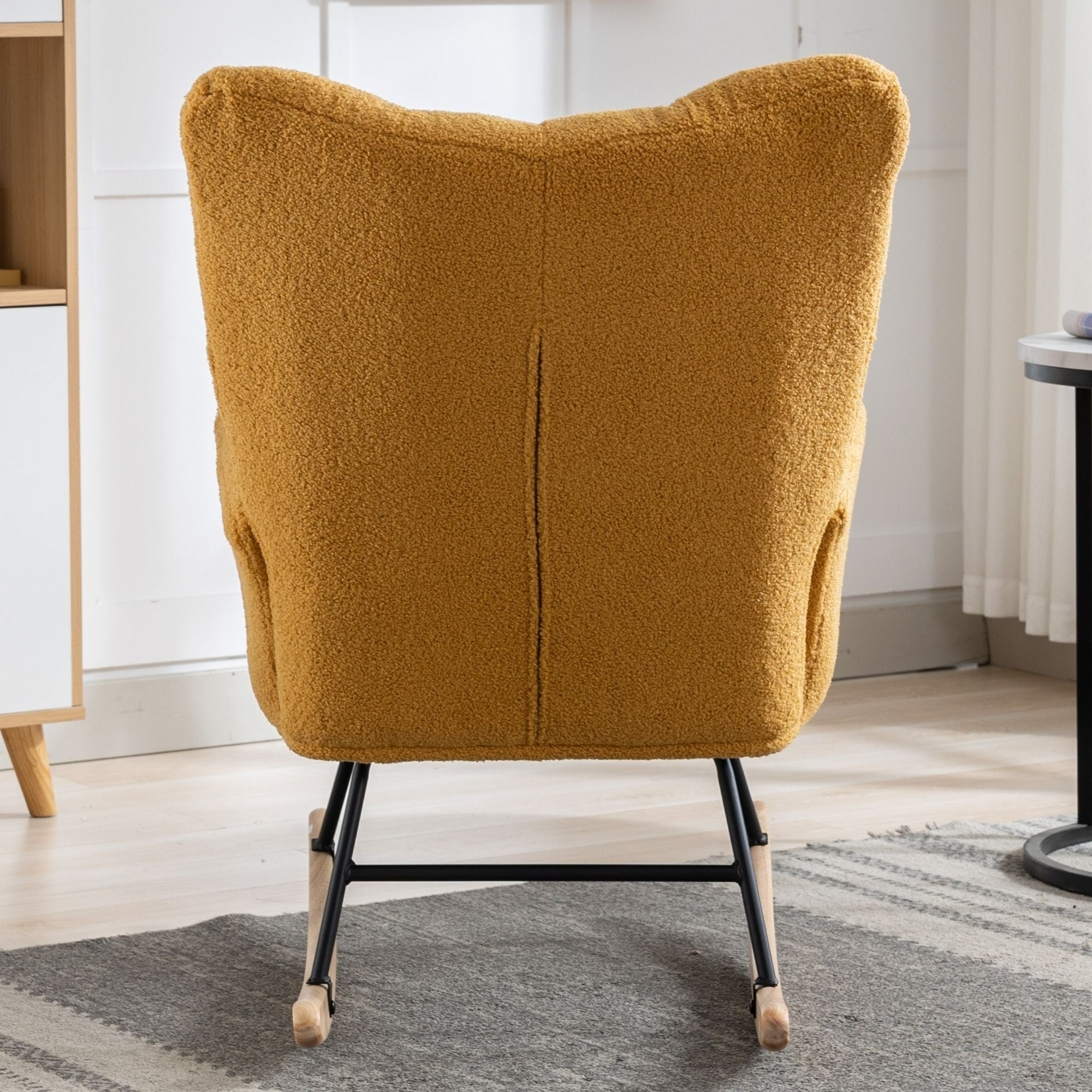 Wingback Rocking Chair with Storage Pocket, Upholstered in Soft Teddy Fabric, Featuring a Sturdy Solid Wood Base