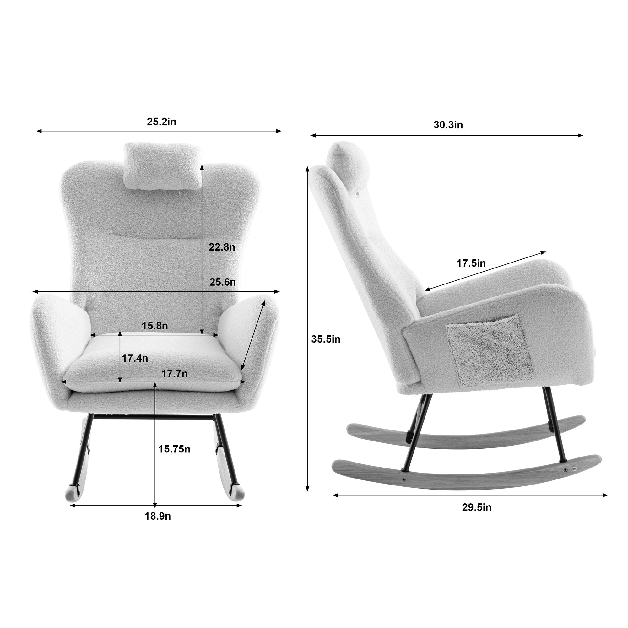 35.5-Inch Teddy Fabric Rocking Chair with Pocket – Safe Solid Wood Base