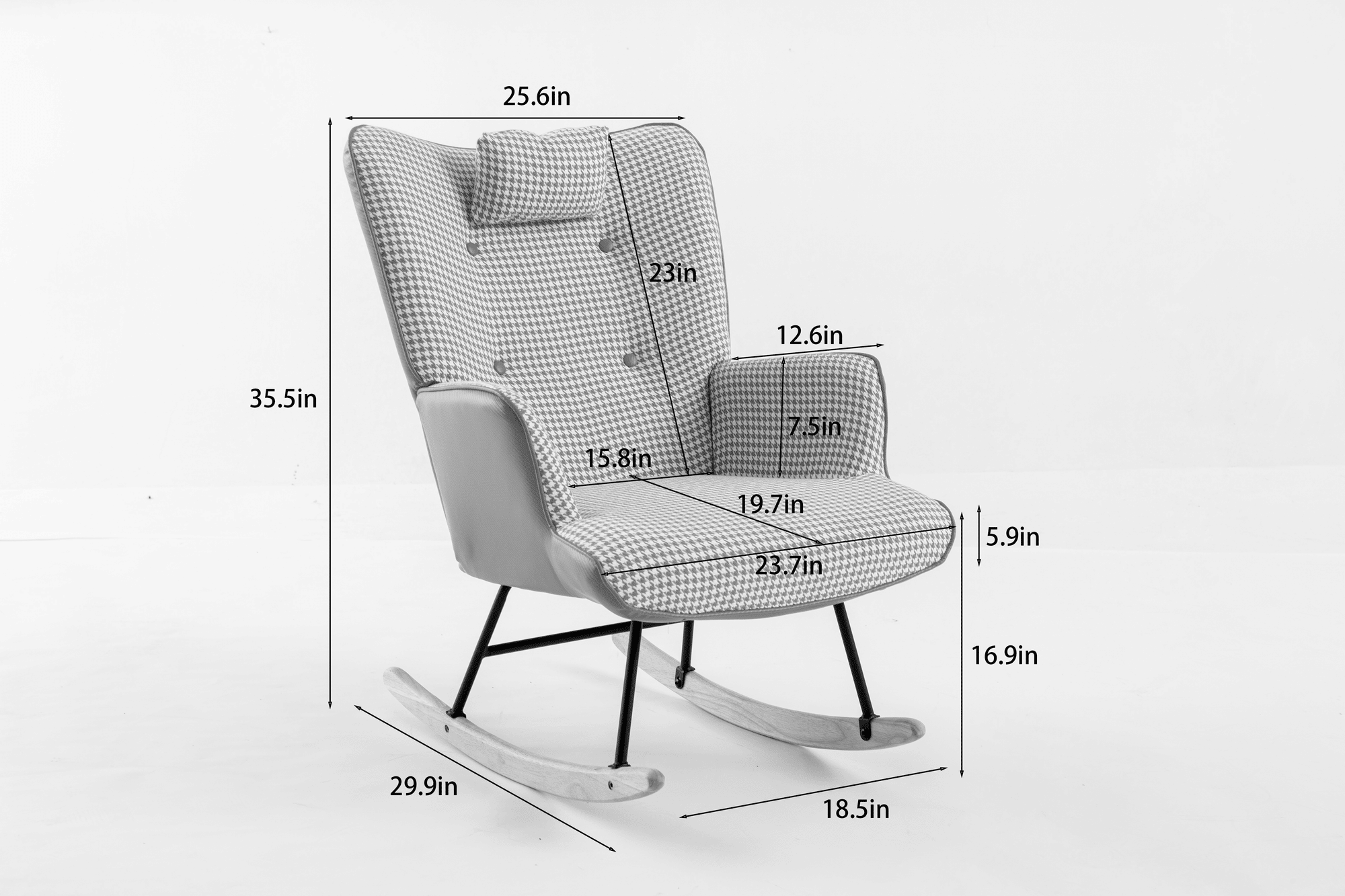 35.5-Inch Rocking Chair, Cozy Reading Chair with Houndstooth and Leather Upholstery, Comfortable Wingback Glider for Nursery, Living Room, Bedroom, or Balcony