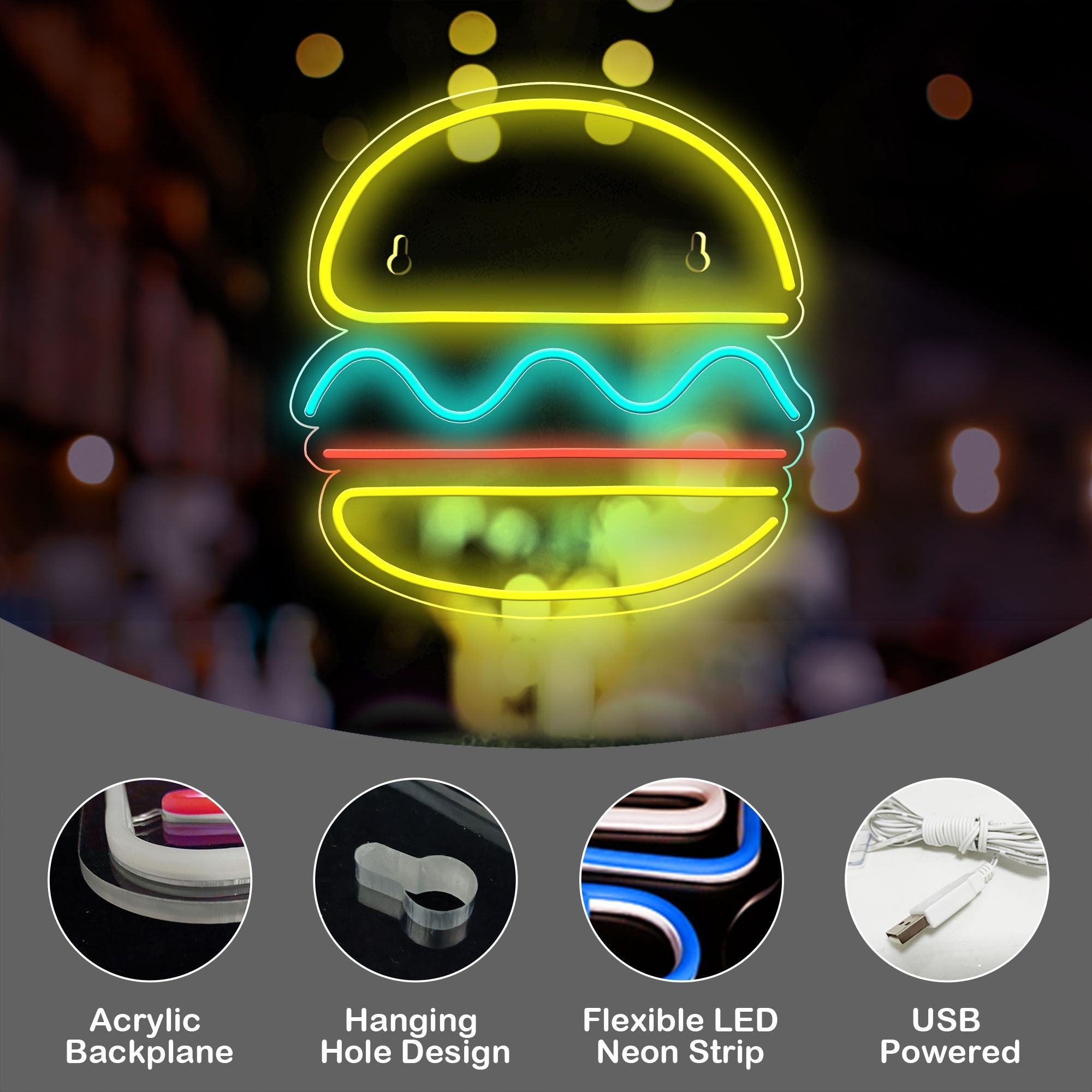 1pc 5V USB-Powered Neon Sign with Hamburger-Shaped Back Plate