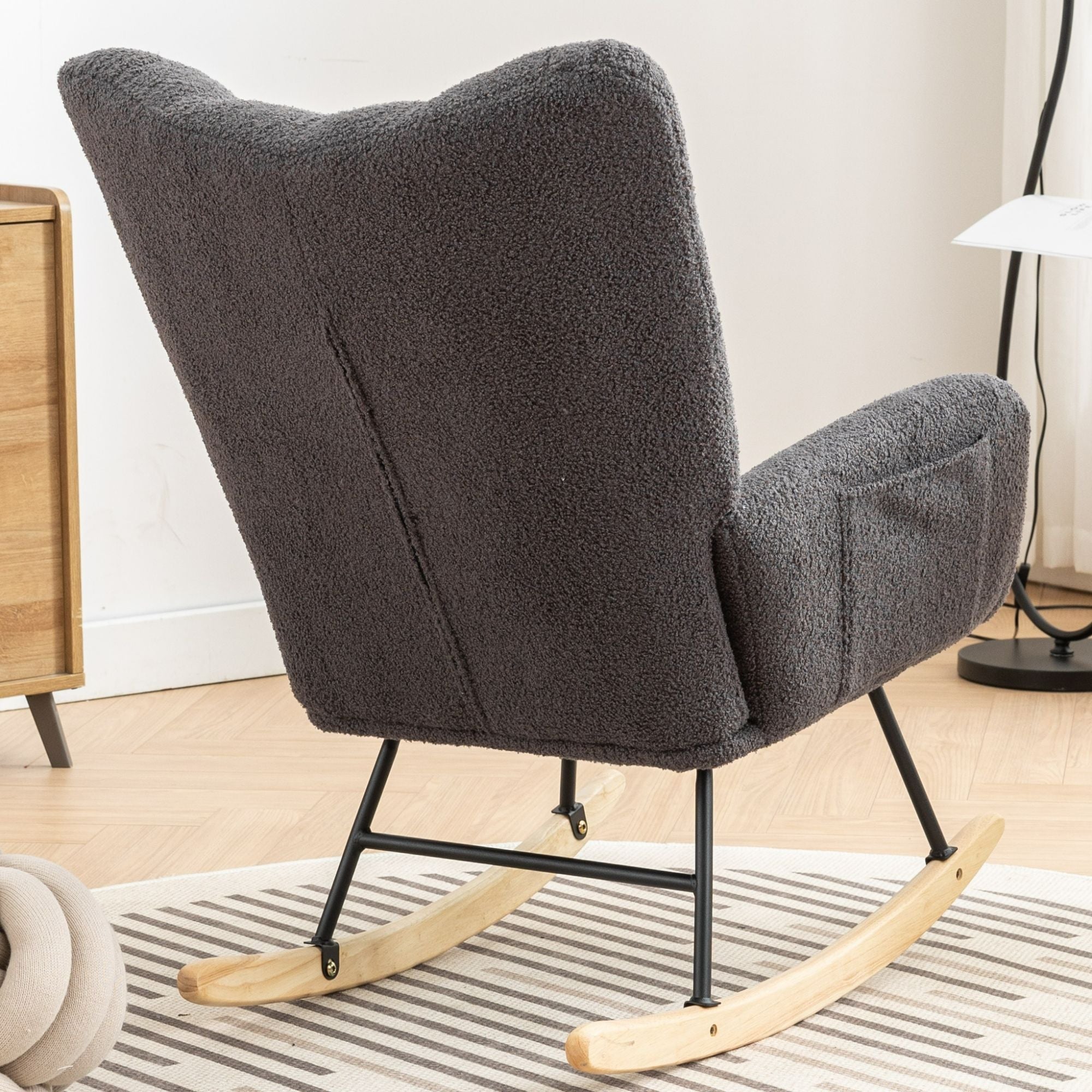 Wingback Rocking Chair with Storage Pocket, Upholstered in Soft Teddy Fabric, Featuring a Sturdy Solid Wood Base