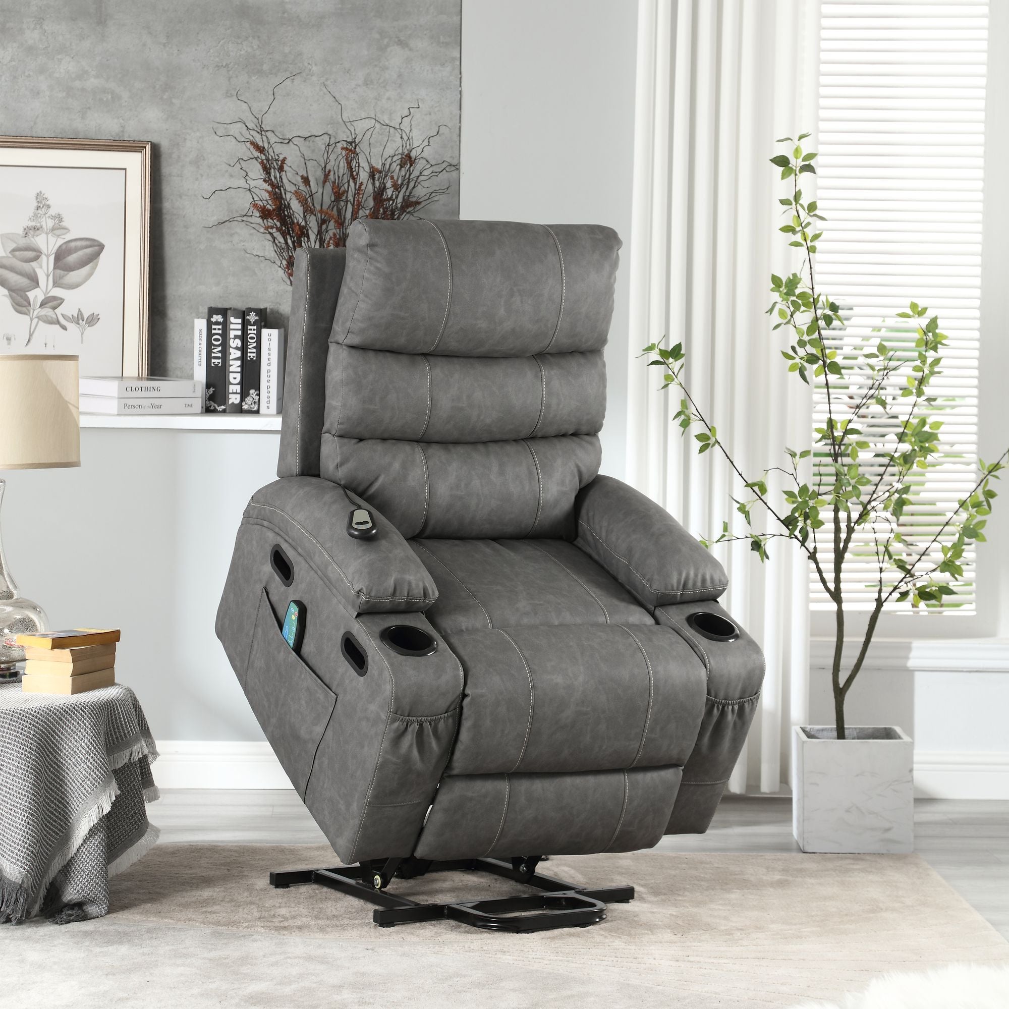 21" Wide Electric Lift Recliner for Elderly, Massage, Heat, Remote, Cup Holders, and Side Pockets