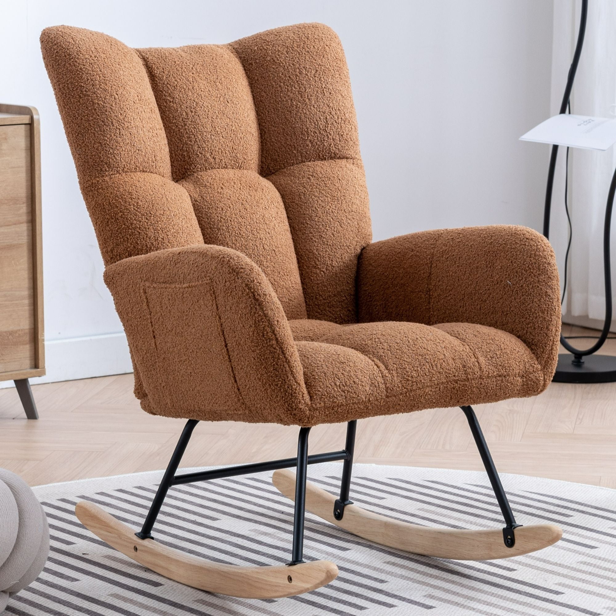 Wingback Rocking Chair with Storage Pocket, Upholstered in Soft Teddy Fabric, Featuring a Sturdy Solid Wood Base