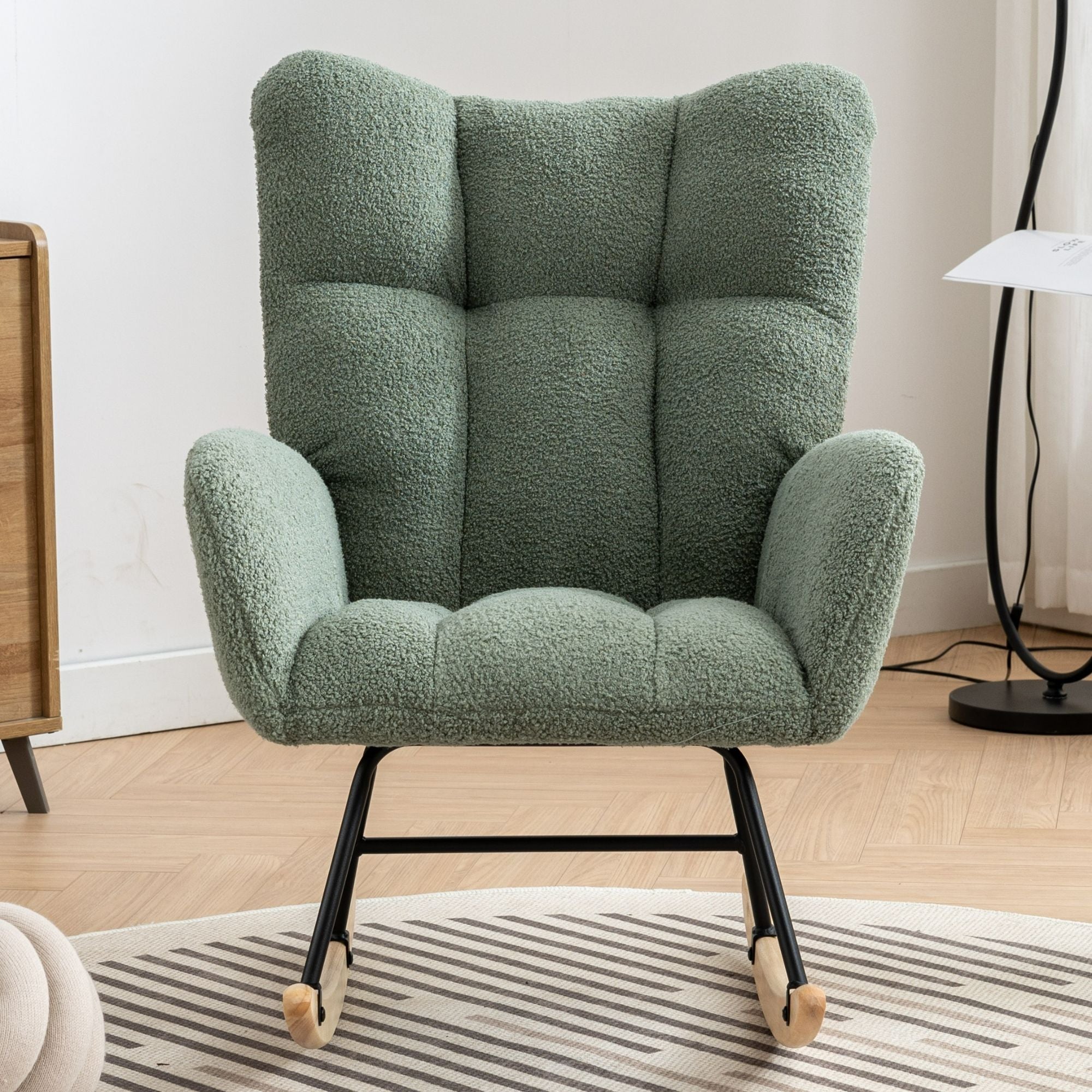 Wingback Rocking Chair with Storage Pocket, Upholstered in Soft Teddy Fabric, Featuring a Sturdy Solid Wood Base