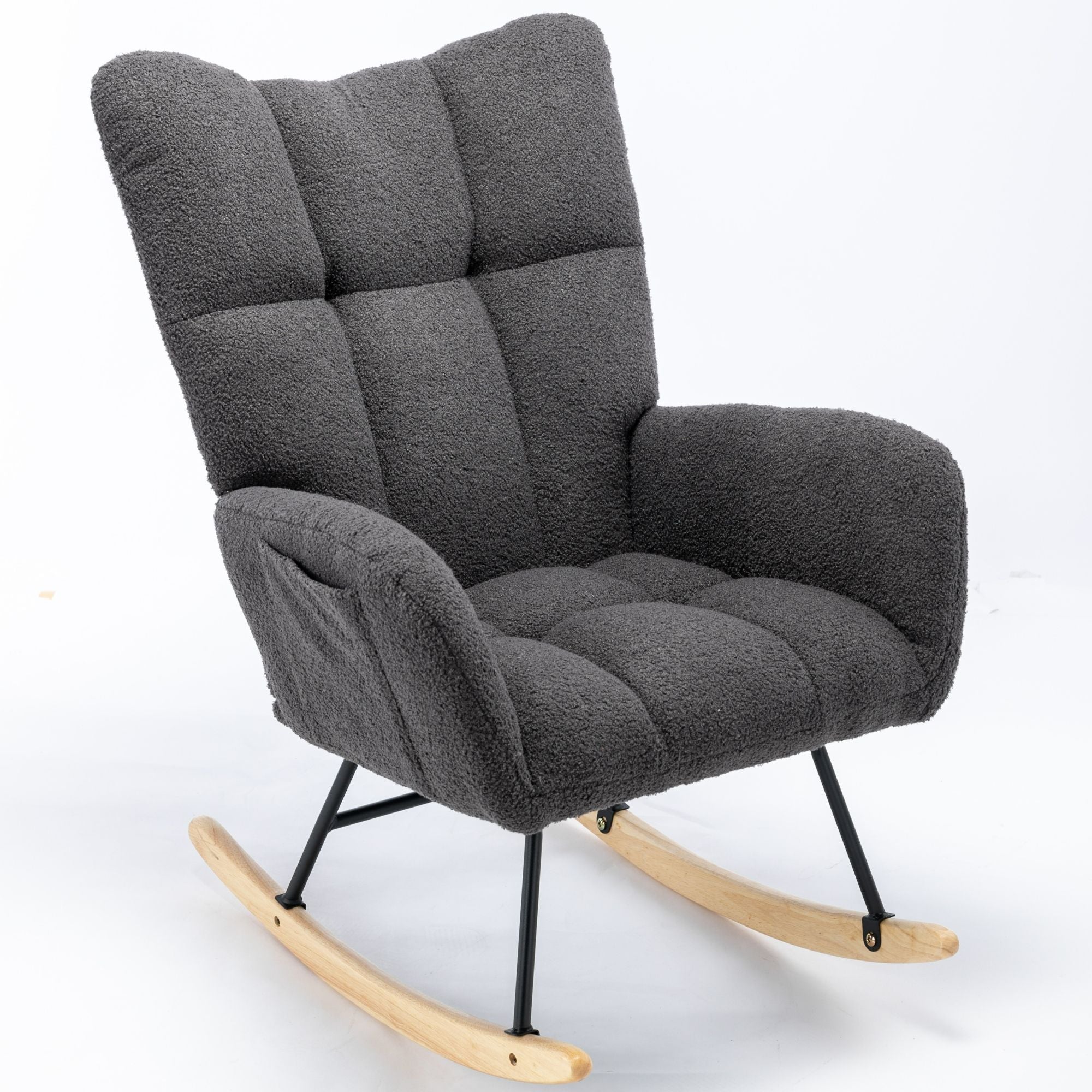 Wingback Rocking Chair with Storage Pocket, Upholstered in Soft Teddy Fabric, Featuring a Sturdy Solid Wood Base