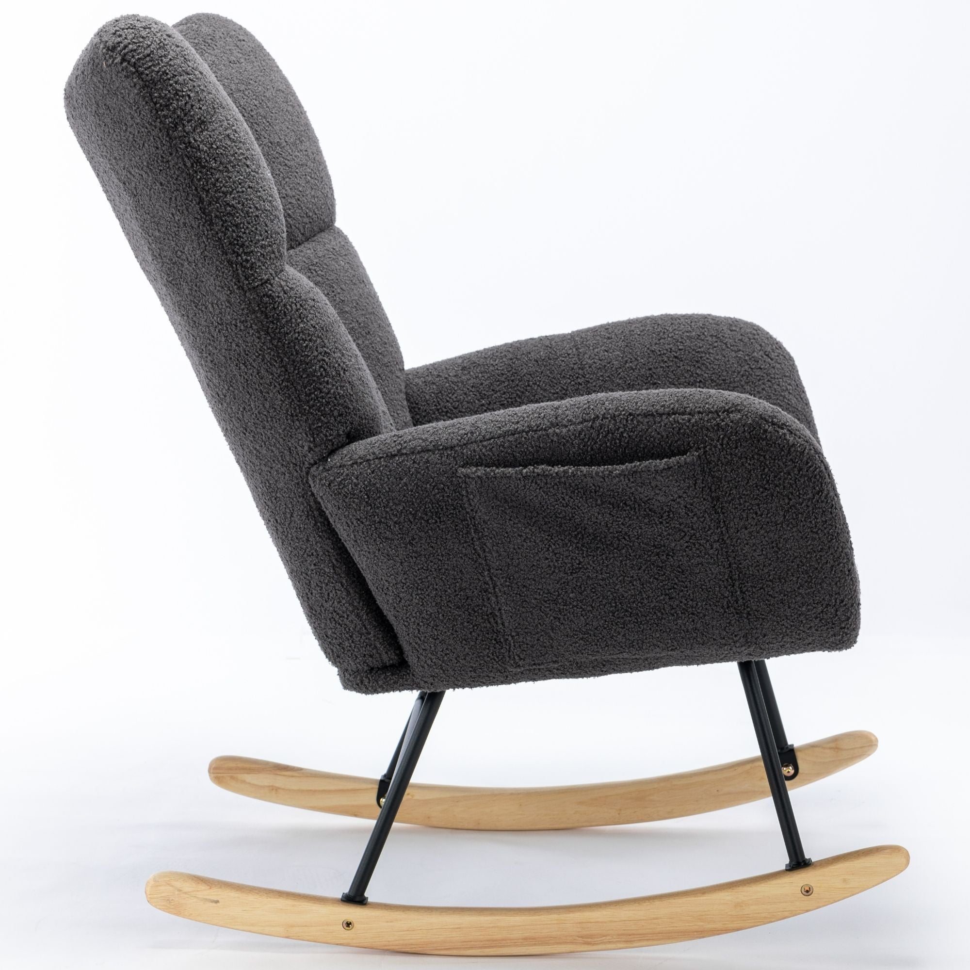 Wingback Rocking Chair with Storage Pocket, Upholstered in Soft Teddy Fabric, Featuring a Sturdy Solid Wood Base