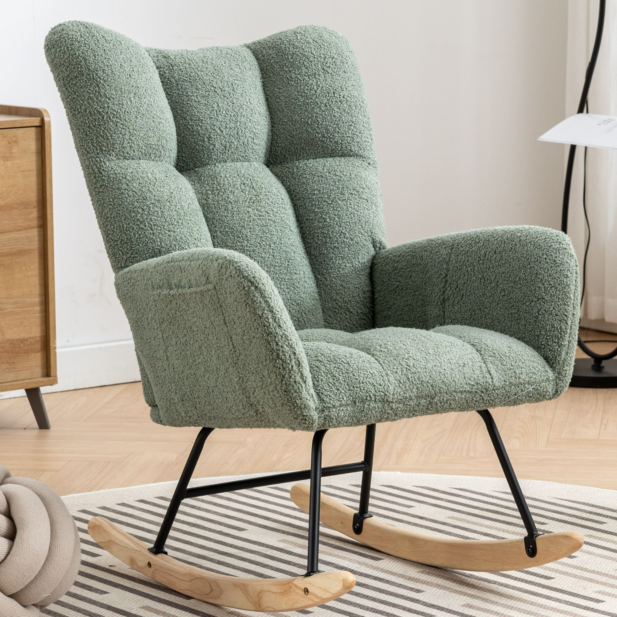 Wingback Rocking Chair with Storage Pocket, Upholstered in Soft Teddy Fabric, Featuring a Sturdy Solid Wood Base