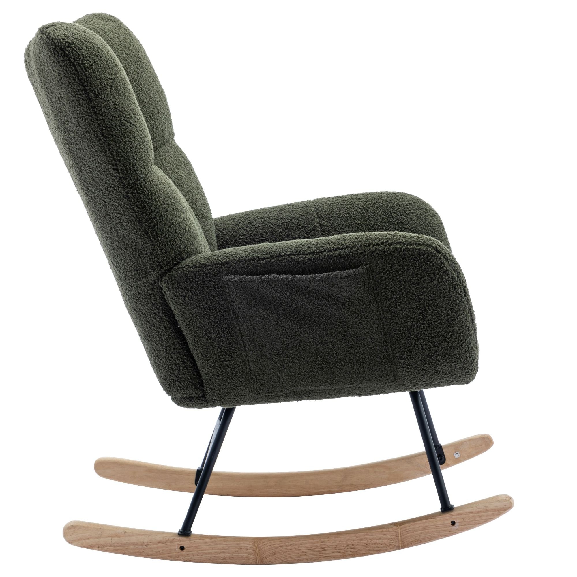 Wingback Rocking Chair with Storage Pocket, Upholstered in Soft Teddy Fabric, Featuring a Sturdy Solid Wood Base