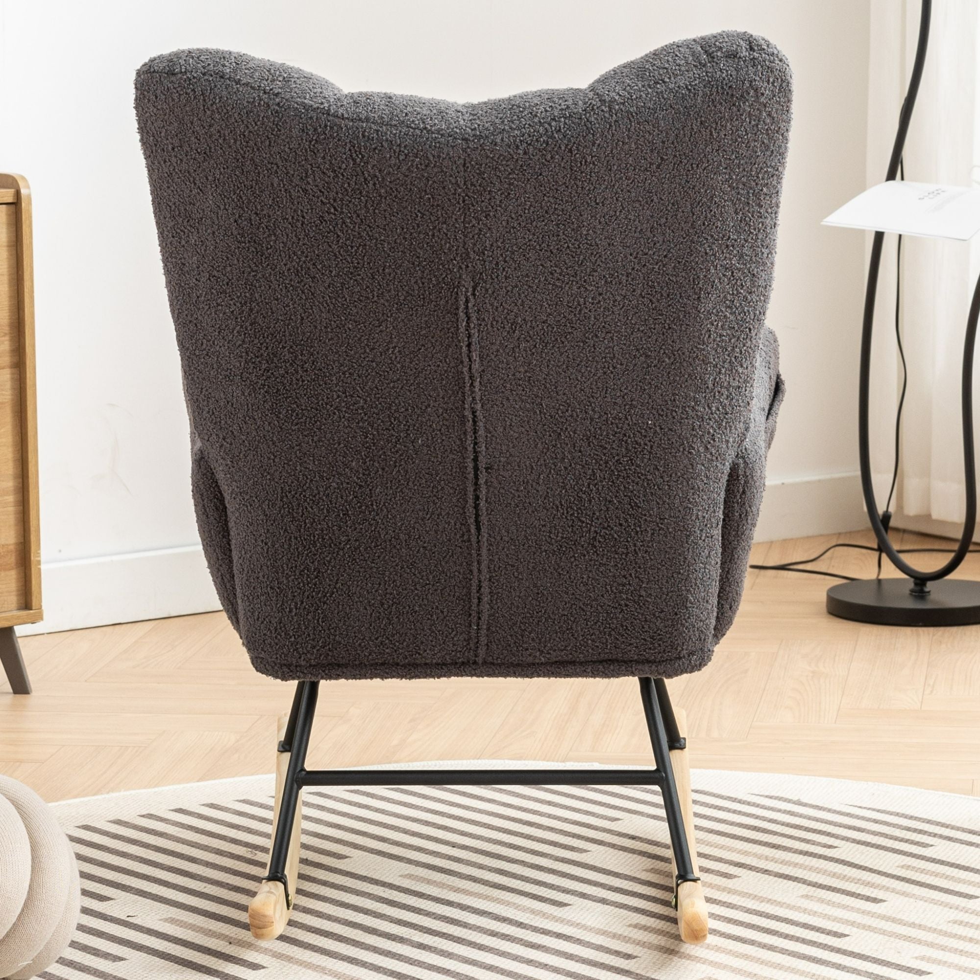 Wingback Rocking Chair with Storage Pocket, Upholstered in Soft Teddy Fabric, Featuring a Sturdy Solid Wood Base