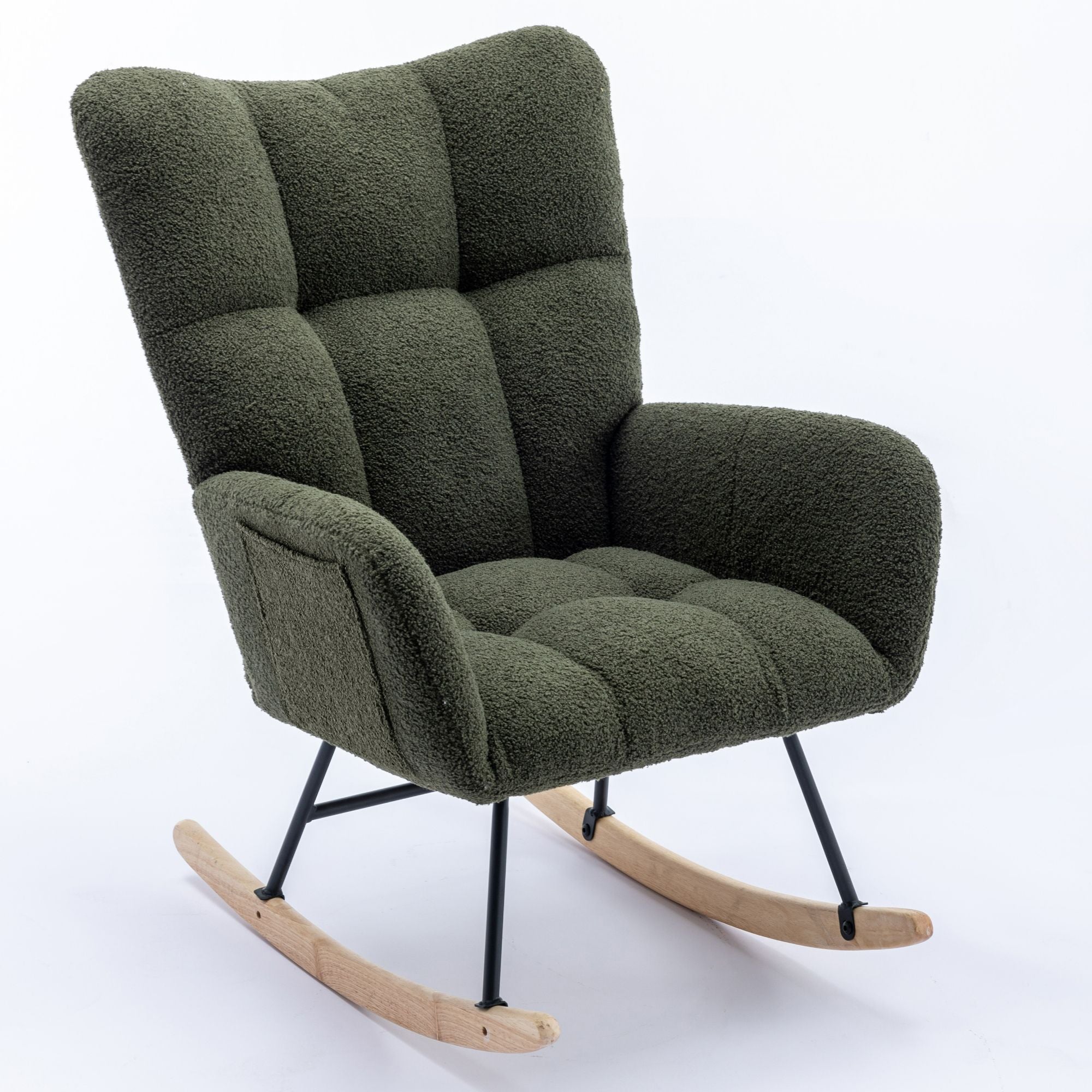 Wingback Rocking Chair with Storage Pocket, Upholstered in Soft Teddy Fabric, Featuring a Sturdy Solid Wood Base