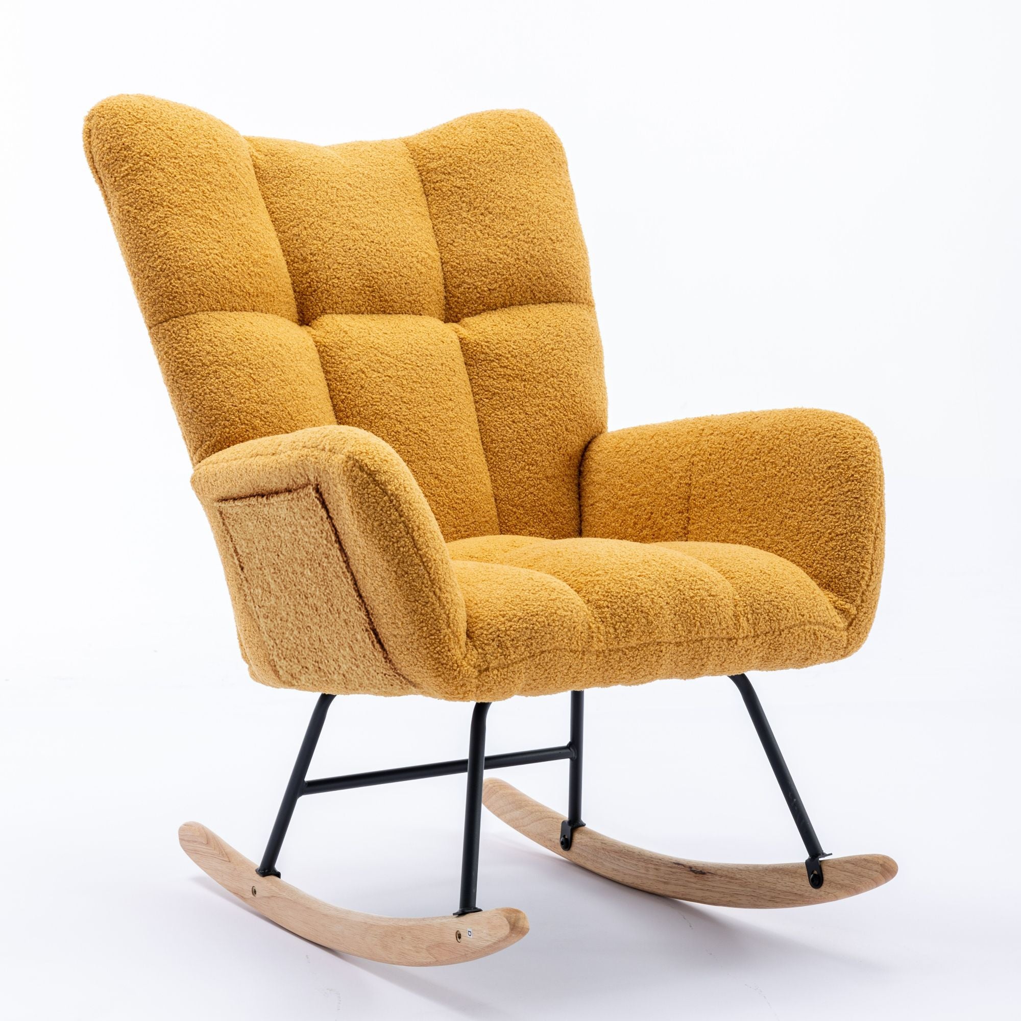 Wingback Rocking Chair with Storage Pocket, Upholstered in Soft Teddy Fabric, Featuring a Sturdy Solid Wood Base