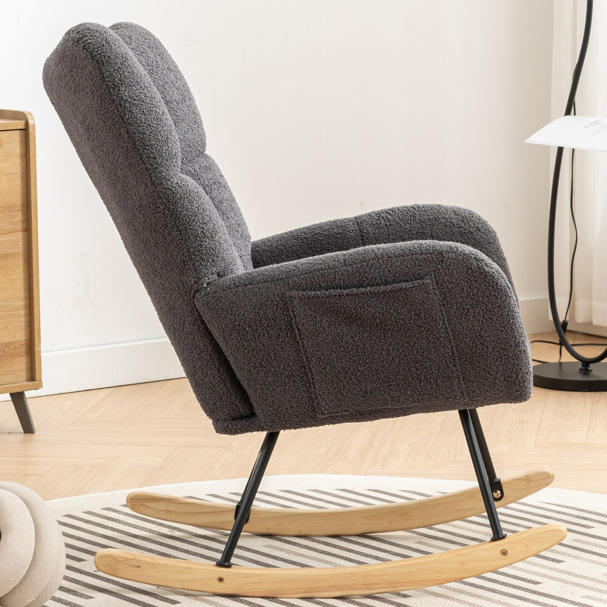 Wingback Rocking Chair with Storage Pocket, Upholstered in Soft Teddy Fabric, Featuring a Sturdy Solid Wood Base