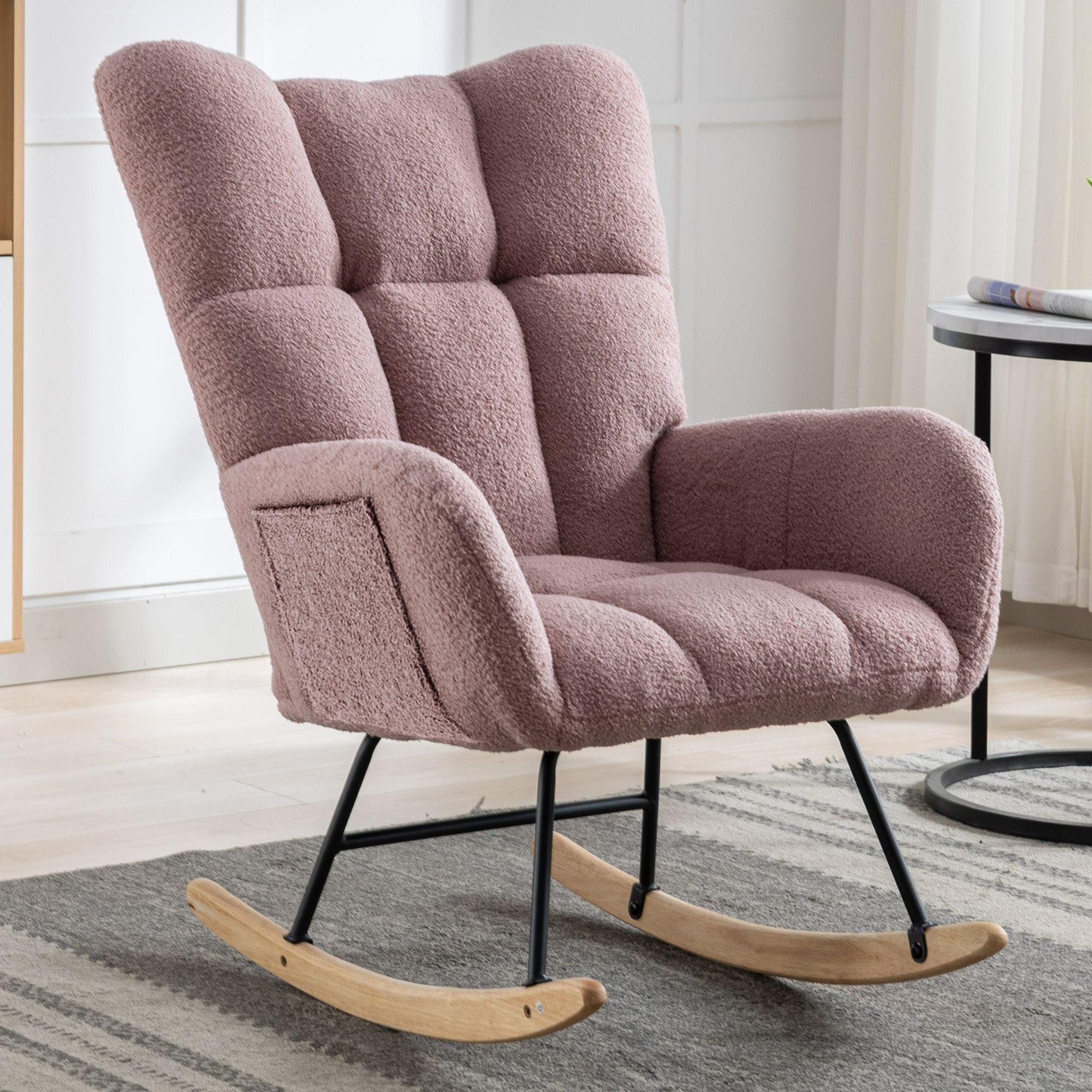 Wingback Rocking Chair with Storage Pocket, Upholstered in Soft Teddy Fabric, Featuring a Sturdy Solid Wood Base