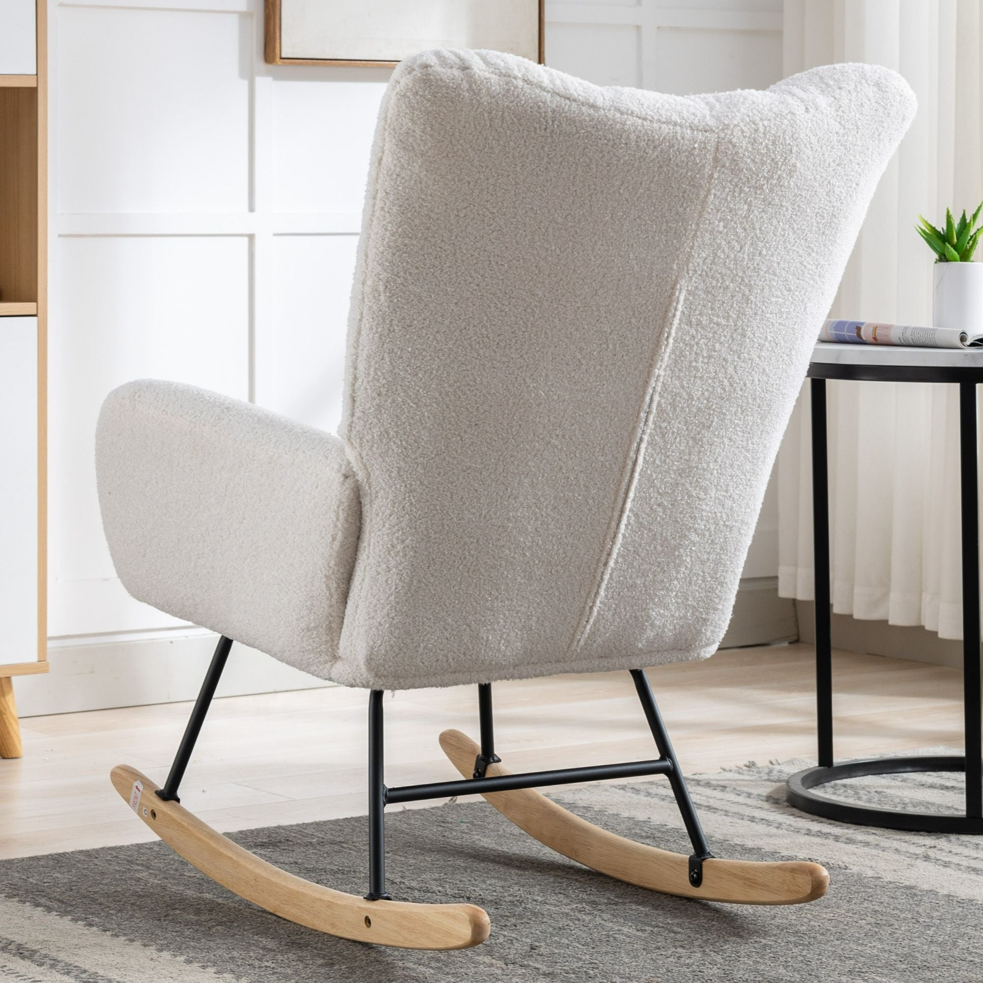 Wingback Rocking Chair with Storage Pocket, Upholstered in Soft Teddy Fabric, Featuring a Sturdy Solid Wood Base