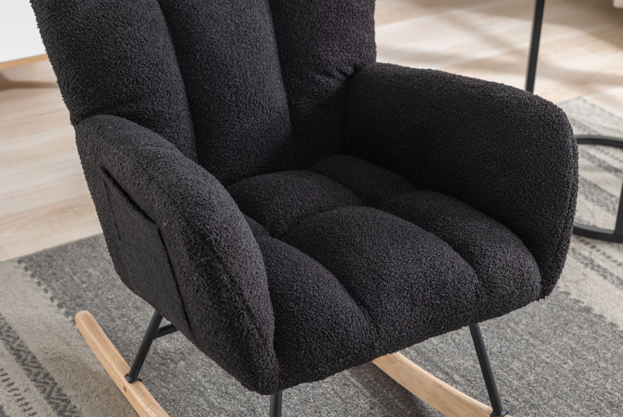 Wingback Rocking Chair with Storage Pocket, Upholstered in Soft Teddy Fabric, Featuring a Sturdy Solid Wood Base