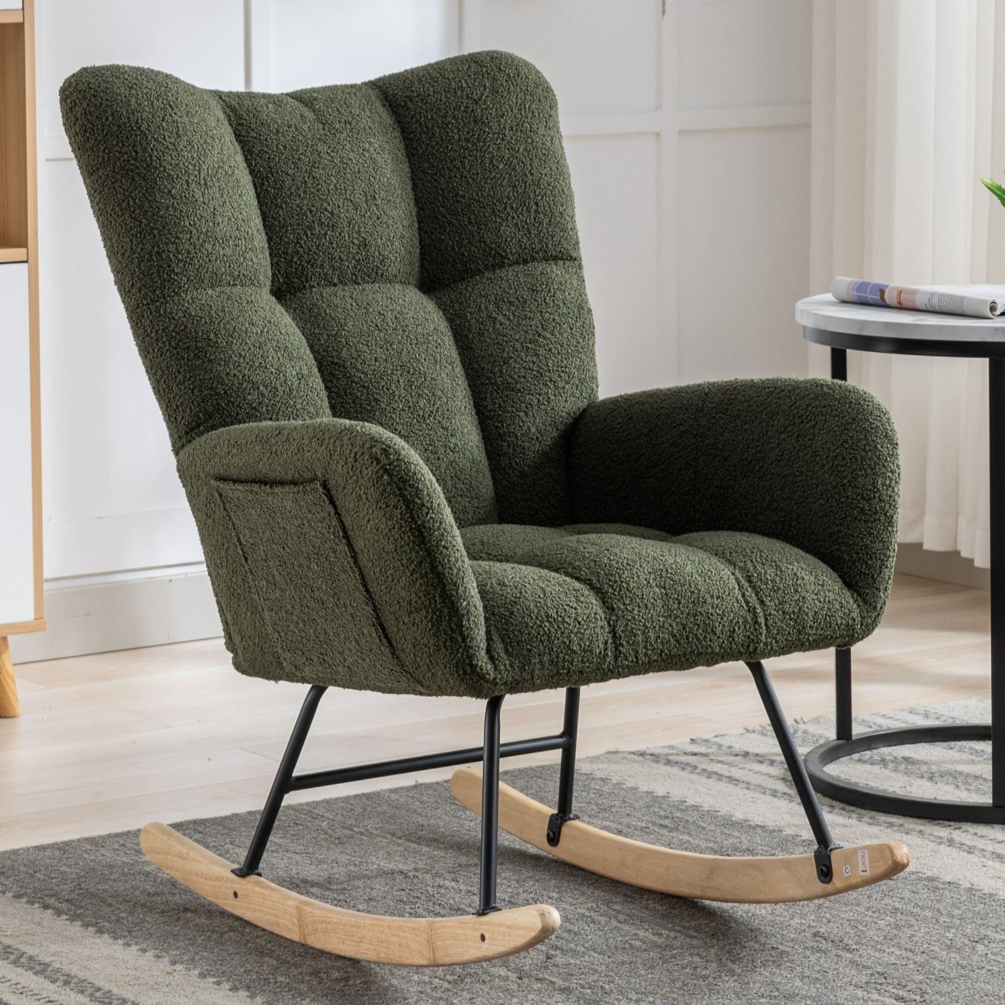 Wingback Rocking Chair with Storage Pocket, Upholstered in Soft Teddy Fabric, Featuring a Sturdy Solid Wood Base