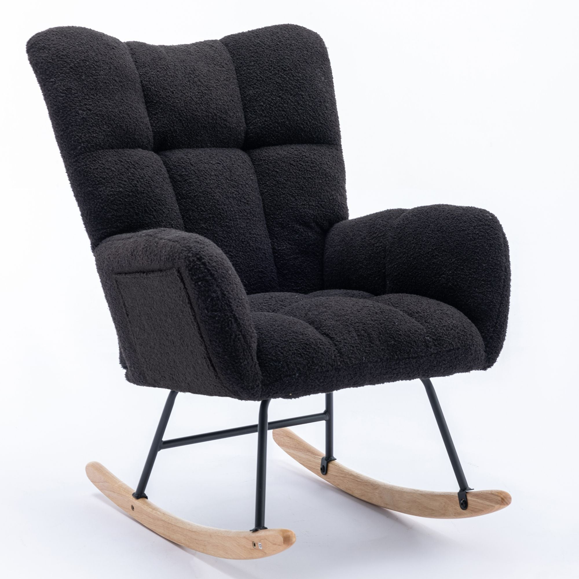 Wingback Rocking Chair with Storage Pocket, Upholstered in Soft Teddy Fabric, Featuring a Sturdy Solid Wood Base