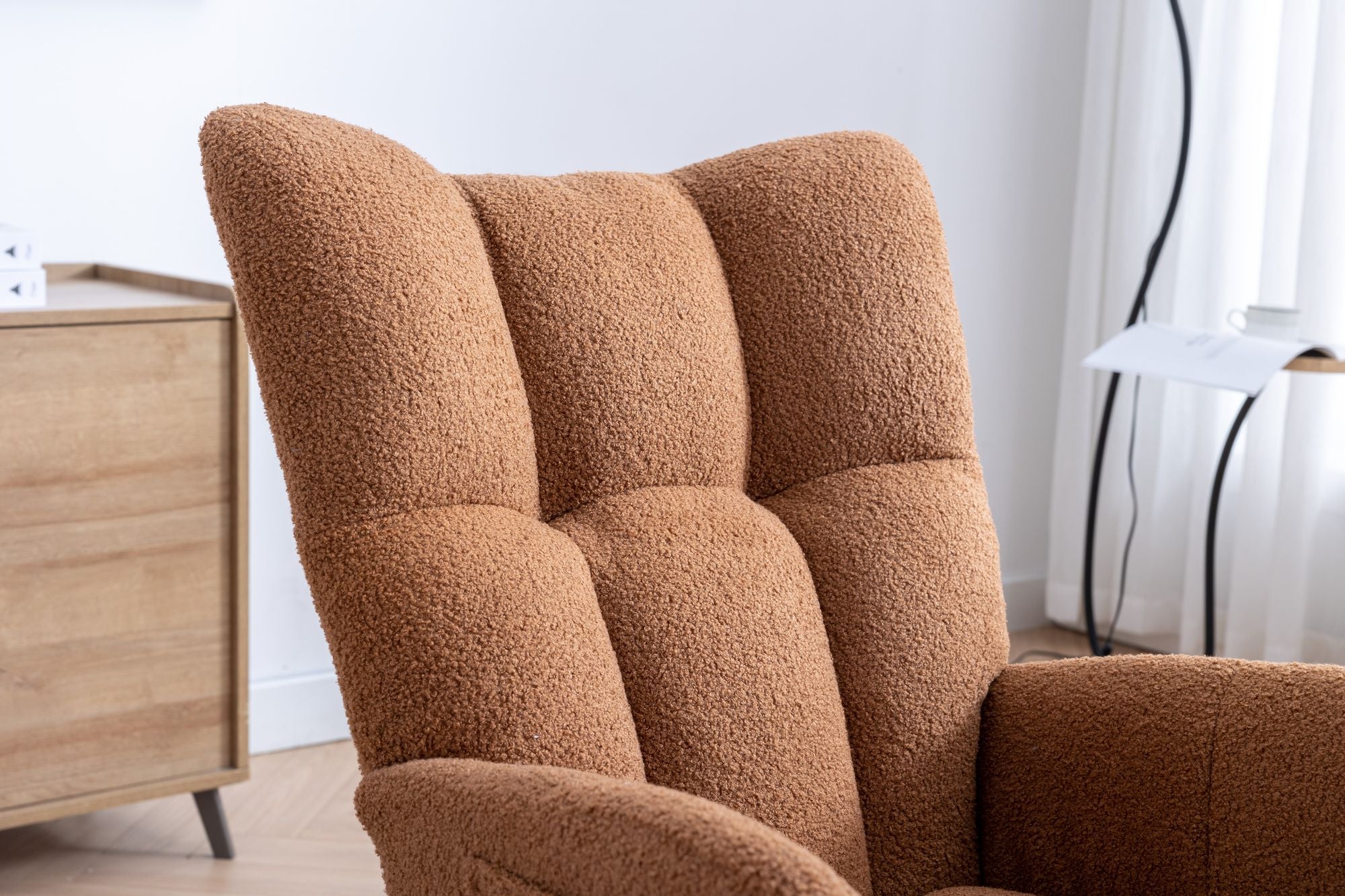 Wingback Rocking Chair with Storage Pocket, Upholstered in Soft Teddy Fabric, Featuring a Sturdy Solid Wood Base