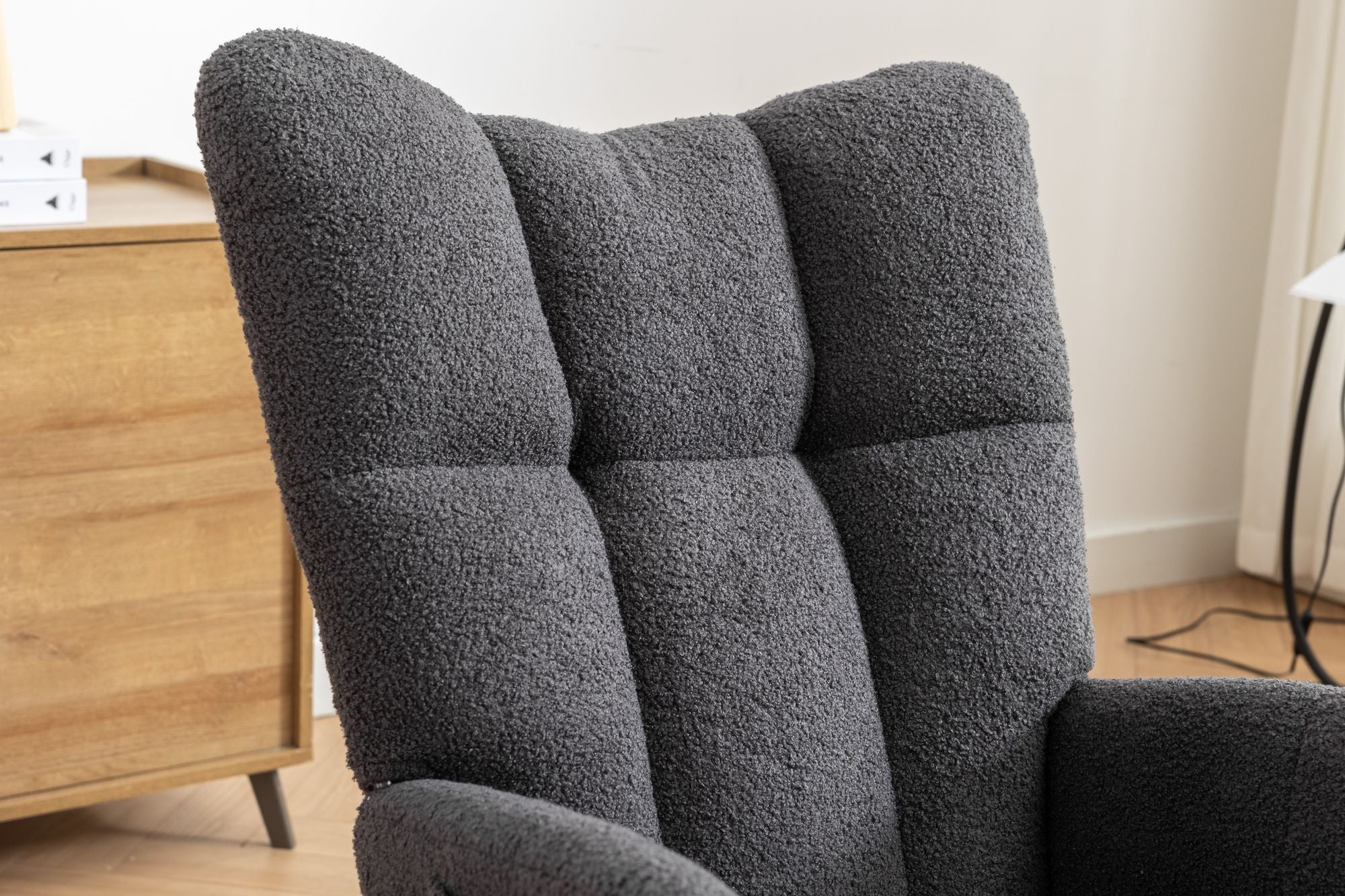 Wingback Rocking Chair with Storage Pocket, Upholstered in Soft Teddy Fabric, Featuring a Sturdy Solid Wood Base