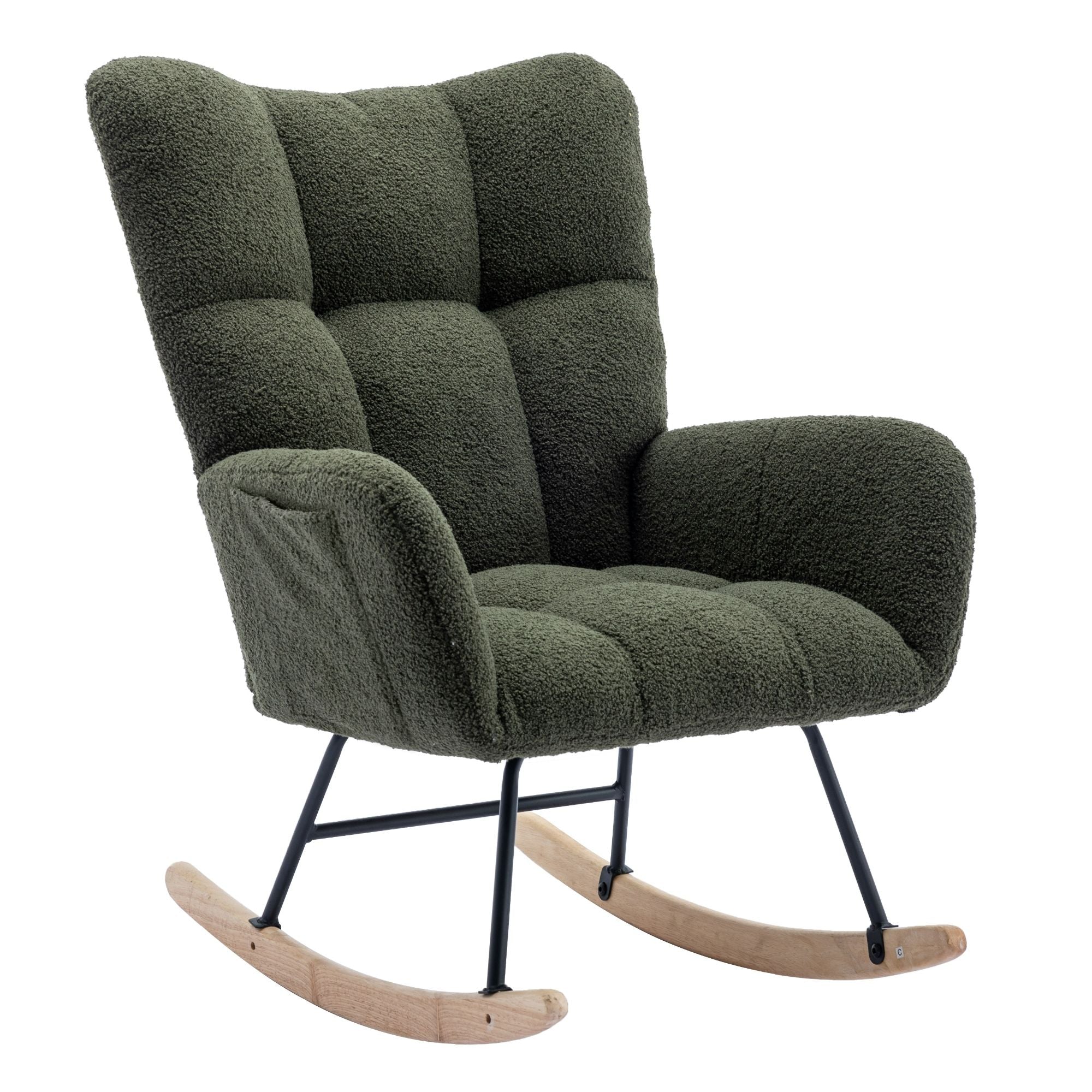 Wingback Rocking Chair with Storage Pocket, Upholstered in Soft Teddy Fabric, Featuring a Sturdy Solid Wood Base