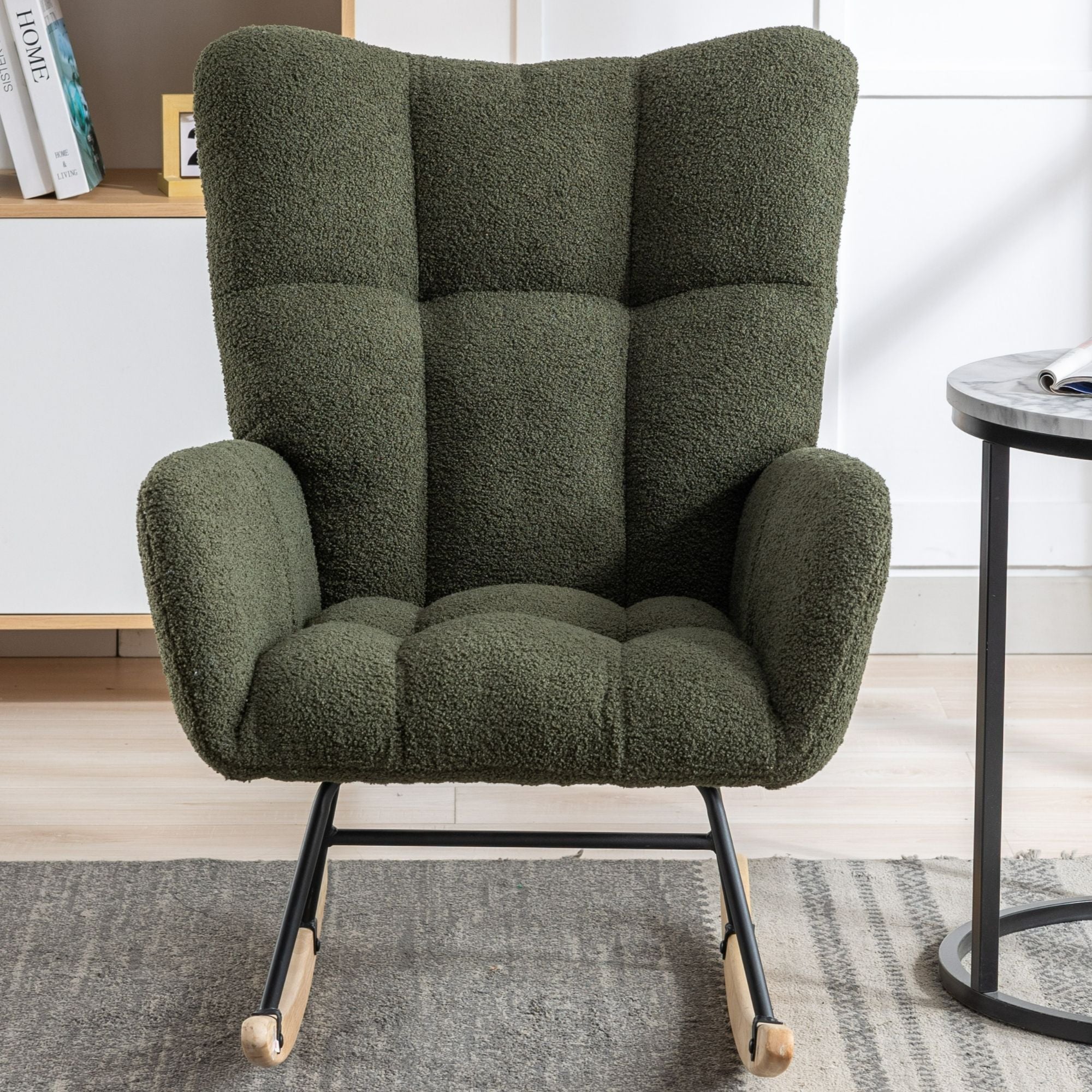 Wingback Rocking Chair with Storage Pocket, Upholstered in Soft Teddy Fabric, Featuring a Sturdy Solid Wood Base