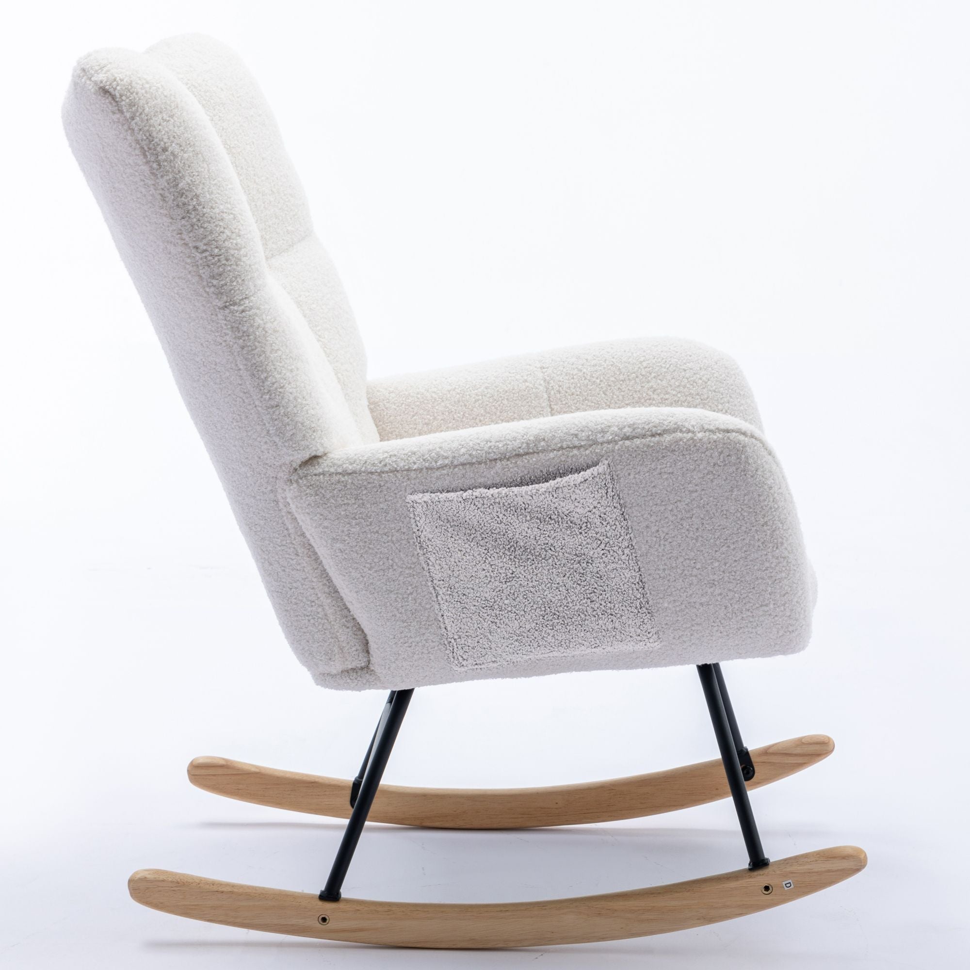 Wingback Rocking Chair with Storage Pocket, Upholstered in Soft Teddy Fabric, Featuring a Sturdy Solid Wood Base