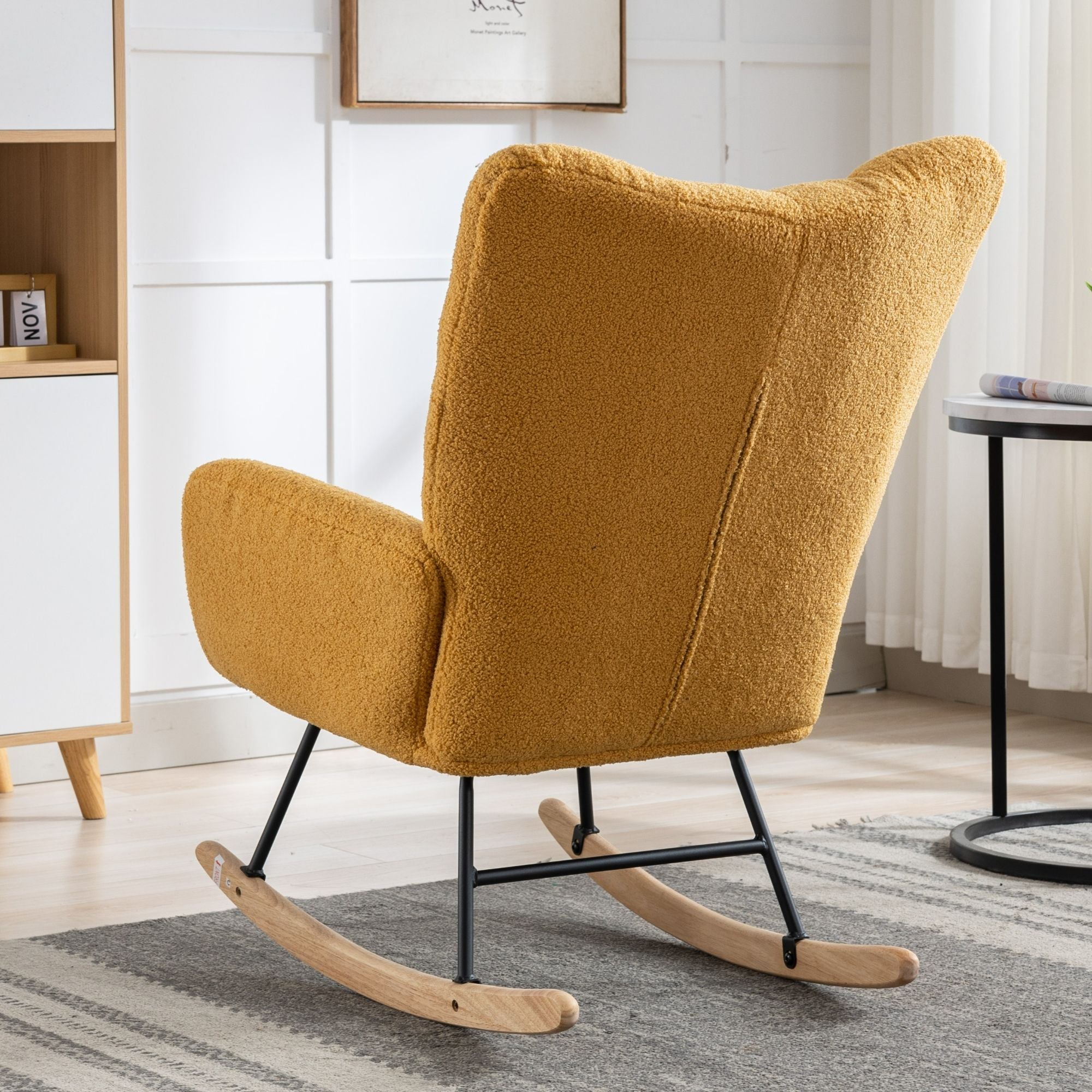 Wingback Rocking Chair with Storage Pocket, Upholstered in Soft Teddy Fabric, Featuring a Sturdy Solid Wood Base