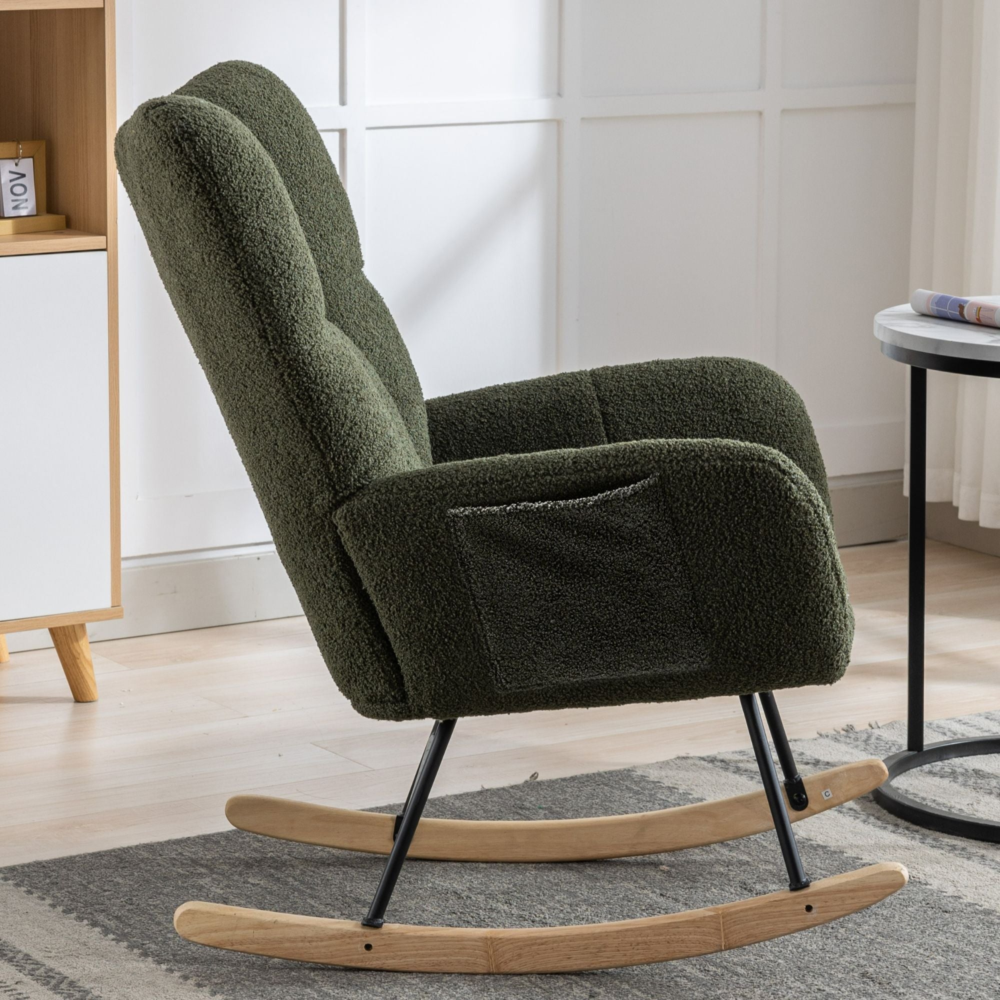 Wingback Rocking Chair with Storage Pocket, Upholstered in Soft Teddy Fabric, Featuring a Sturdy Solid Wood Base