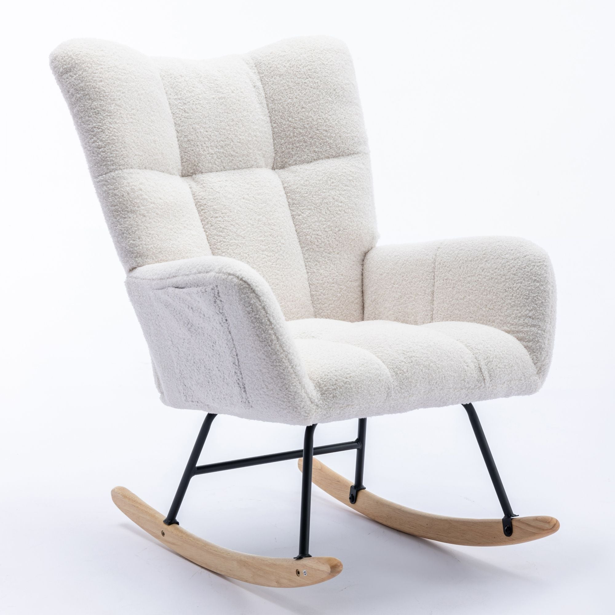 Wingback Rocking Chair with Storage Pocket, Upholstered in Soft Teddy Fabric, Featuring a Sturdy Solid Wood Base