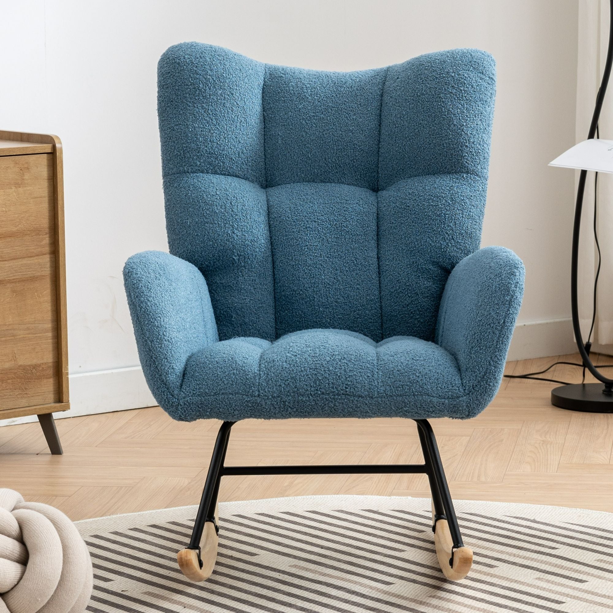 Wingback Rocking Chair with Storage Pocket, Upholstered in Soft Teddy Fabric, Featuring a Sturdy Solid Wood Base