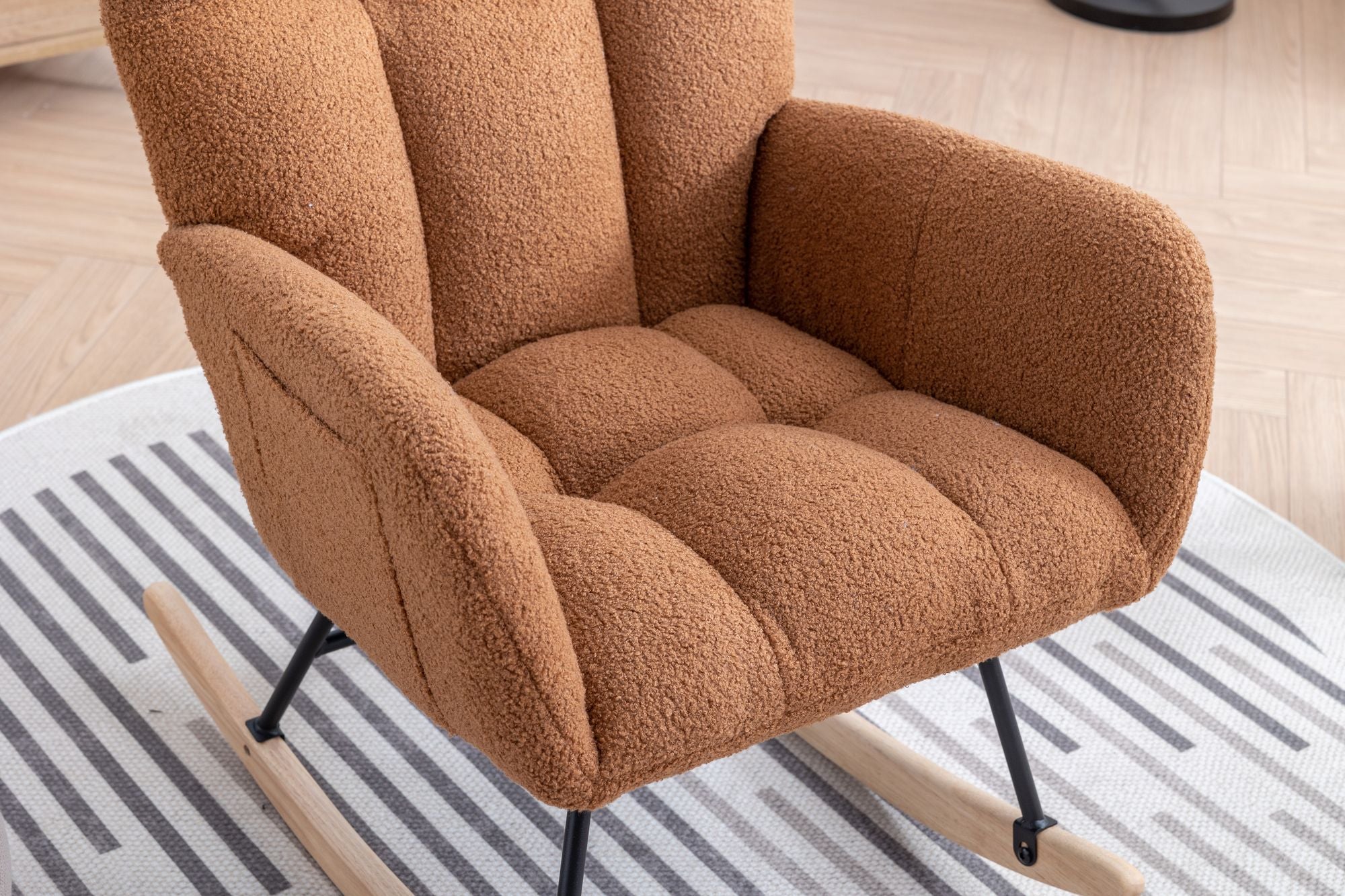 Wingback Rocking Chair with Storage Pocket, Upholstered in Soft Teddy Fabric, Featuring a Sturdy Solid Wood Base