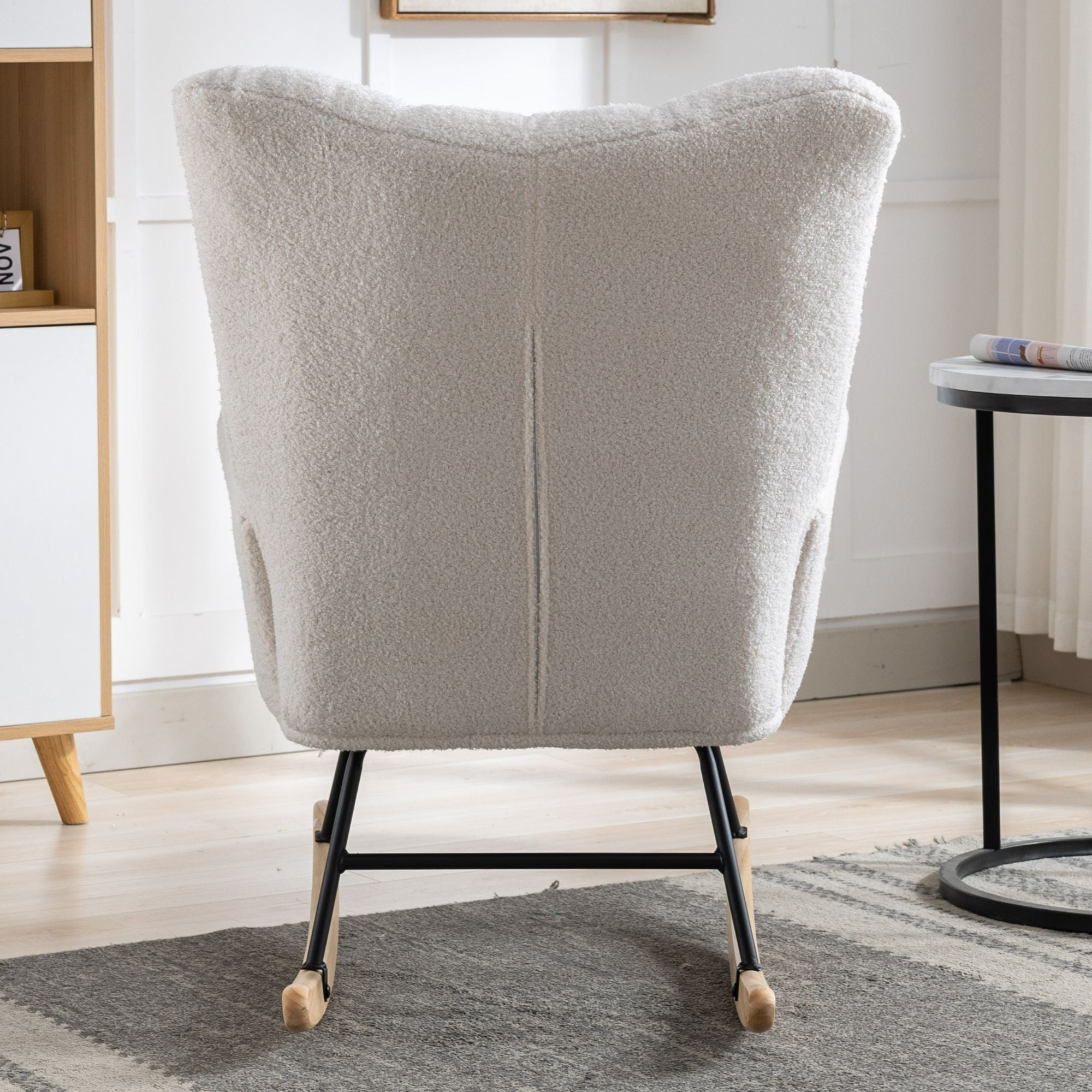 Wingback Rocking Chair with Storage Pocket, Upholstered in Soft Teddy Fabric, Featuring a Sturdy Solid Wood Base