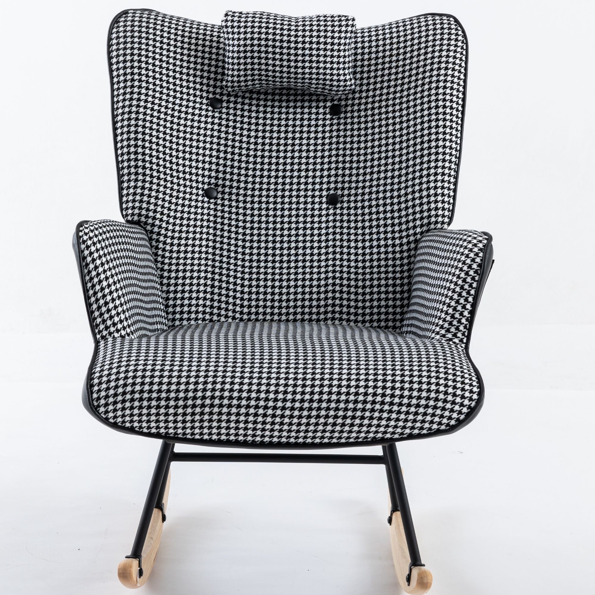 35.5-Inch Rocking Chair, Cozy Reading Chair with Houndstooth and Leather Upholstery, Comfortable Wingback Glider for Nursery, Living Room, Bedroom, or Balcony