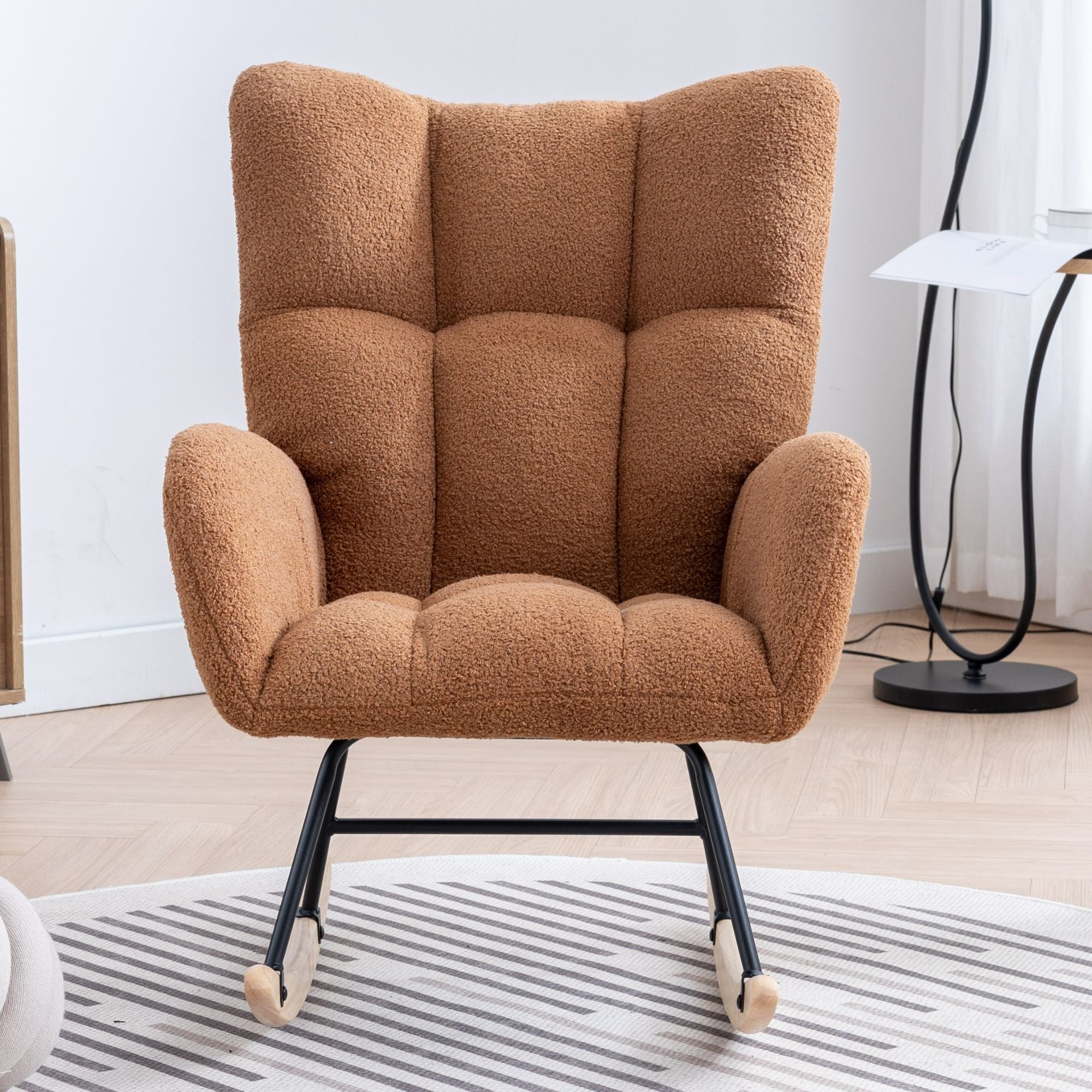 Wingback Rocking Chair with Storage Pocket, Upholstered in Soft Teddy Fabric, Featuring a Sturdy Solid Wood Base