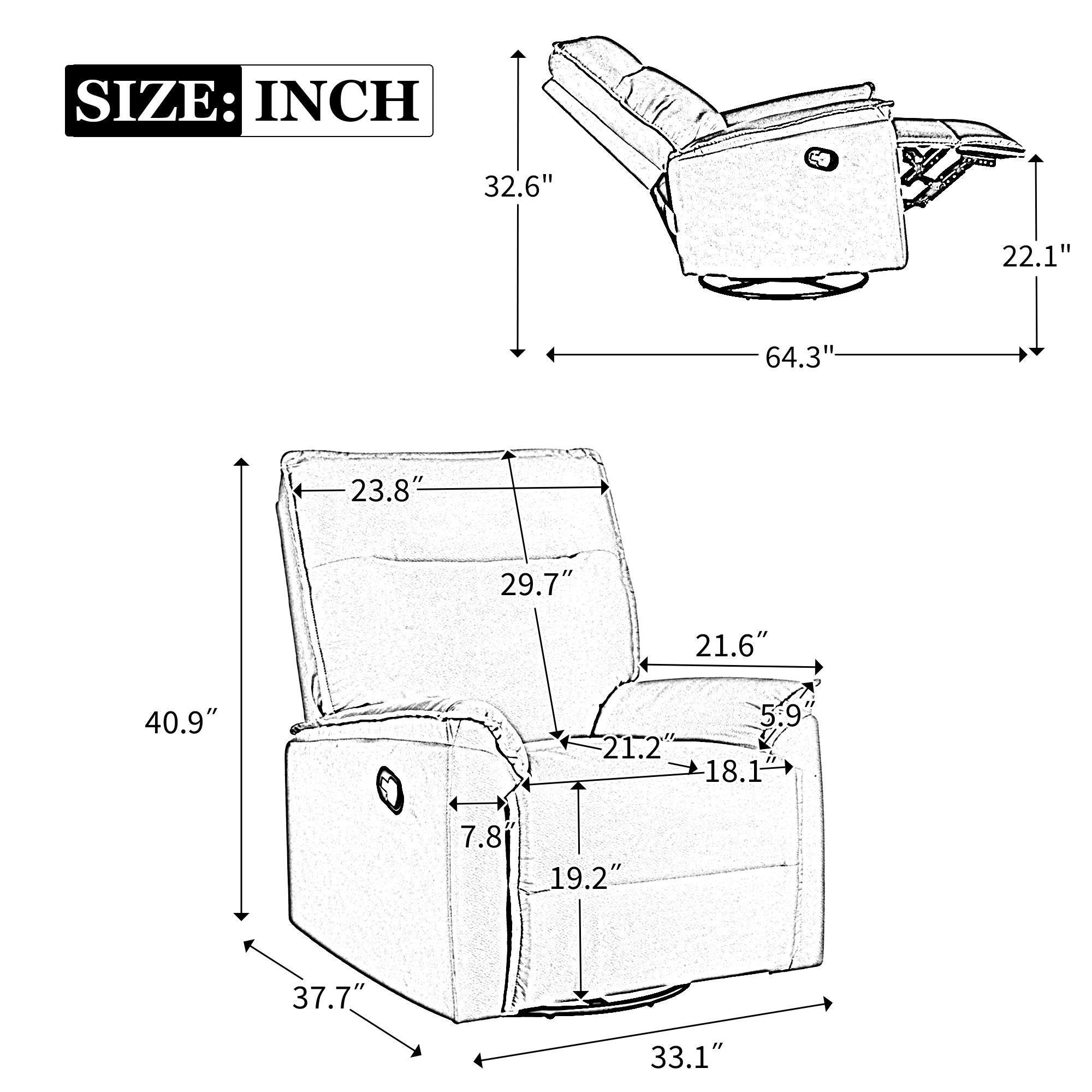 360 Degree Swivel Upholstered Manual Recliner Chair Theater Recliner Sofa Nursery Glider Rocker for Living Room