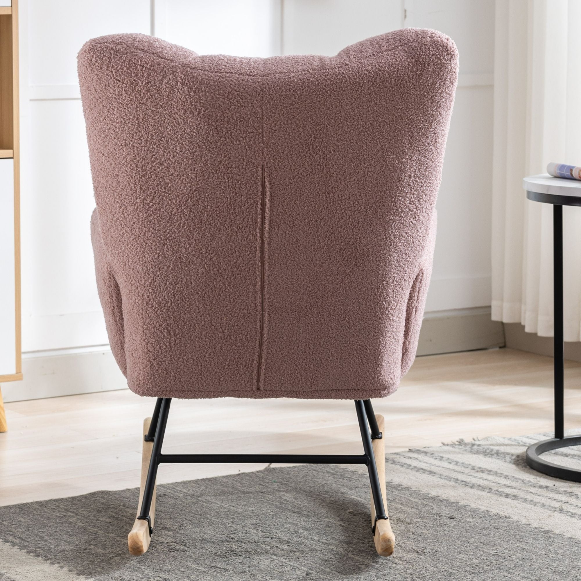 Wingback Rocking Chair with Storage Pocket, Upholstered in Soft Teddy Fabric, Featuring a Sturdy Solid Wood Base