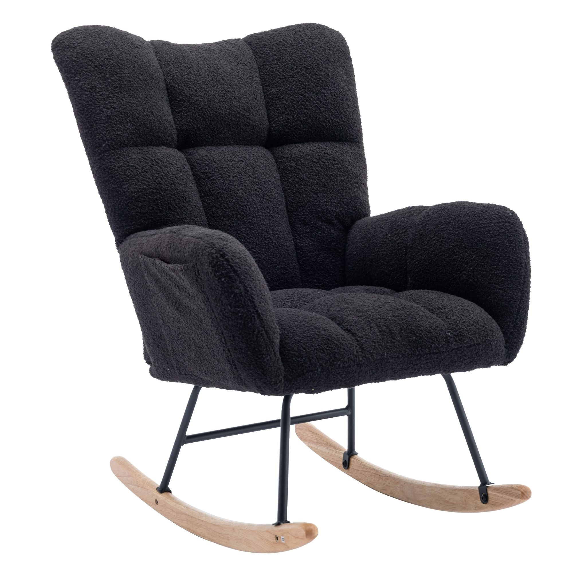 Wingback Rocking Chair with Storage Pocket, Upholstered in Soft Teddy Fabric, Featuring a Sturdy Solid Wood Base