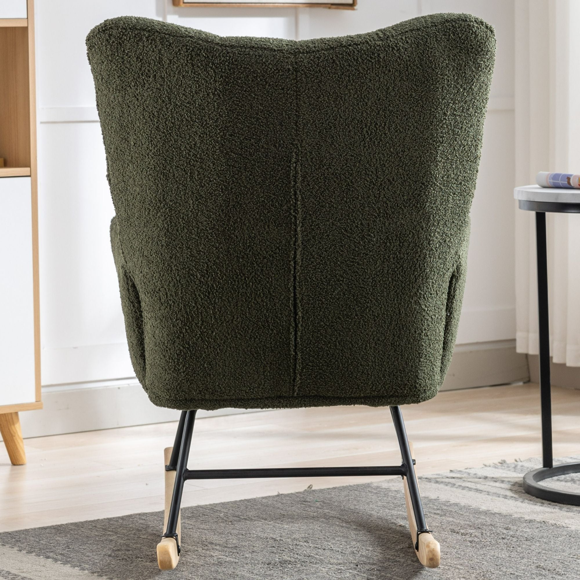 Wingback Rocking Chair with Storage Pocket, Upholstered in Soft Teddy Fabric, Featuring a Sturdy Solid Wood Base