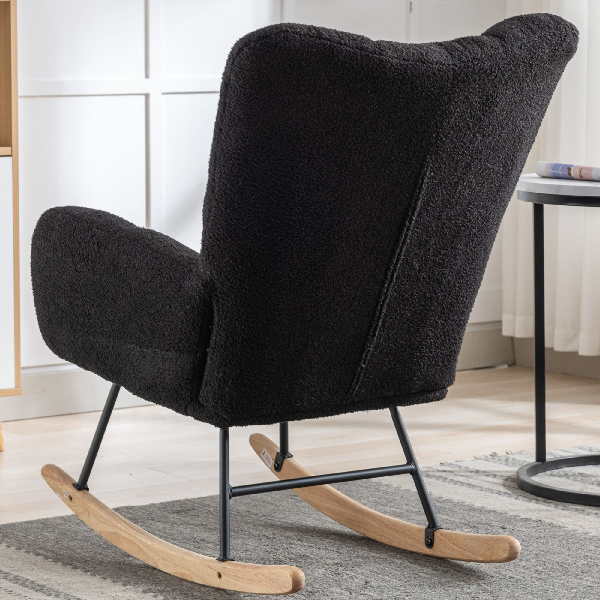 Wingback Rocking Chair with Storage Pocket, Upholstered in Soft Teddy Fabric, Featuring a Sturdy Solid Wood Base