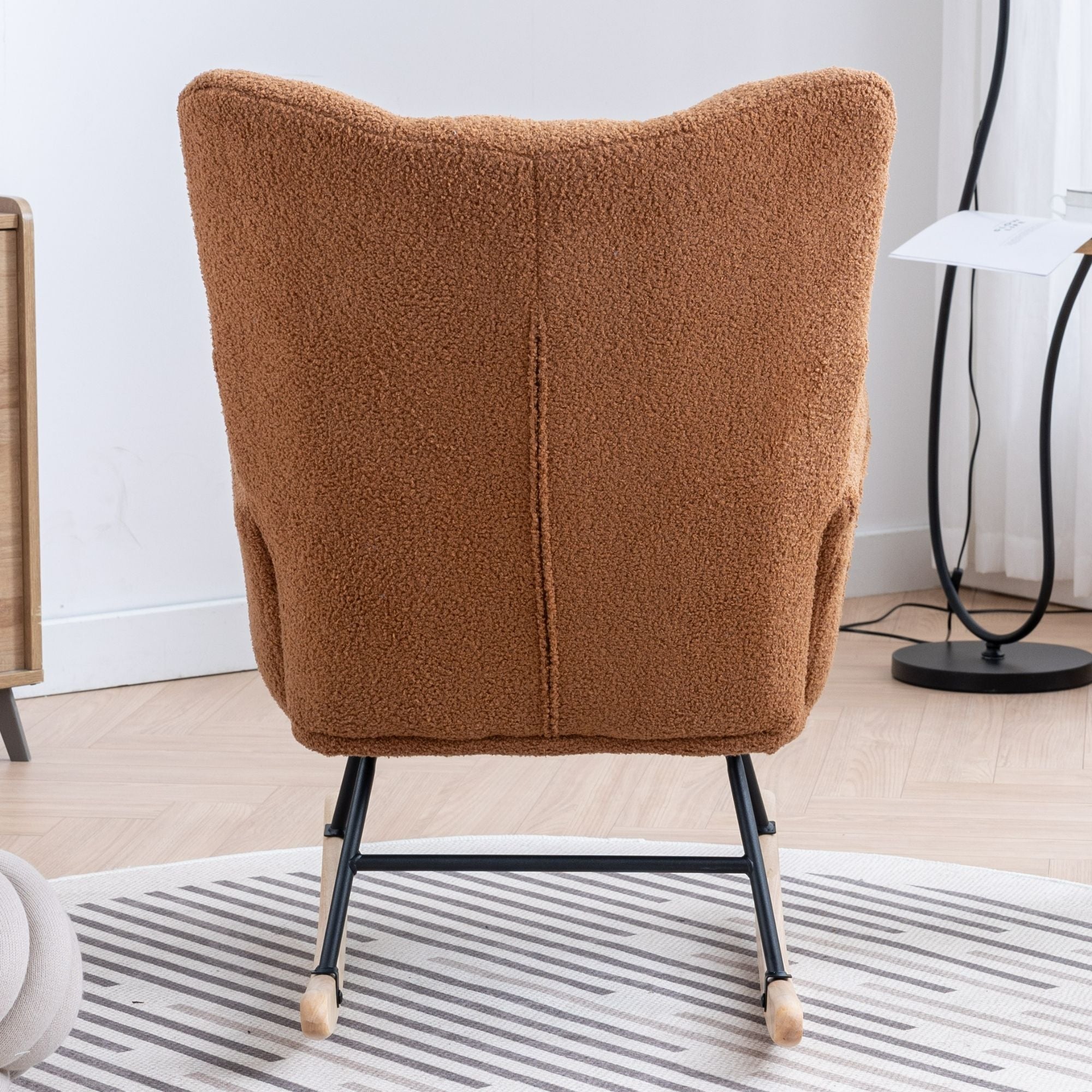 Wingback Rocking Chair with Storage Pocket, Upholstered in Soft Teddy Fabric, Featuring a Sturdy Solid Wood Base