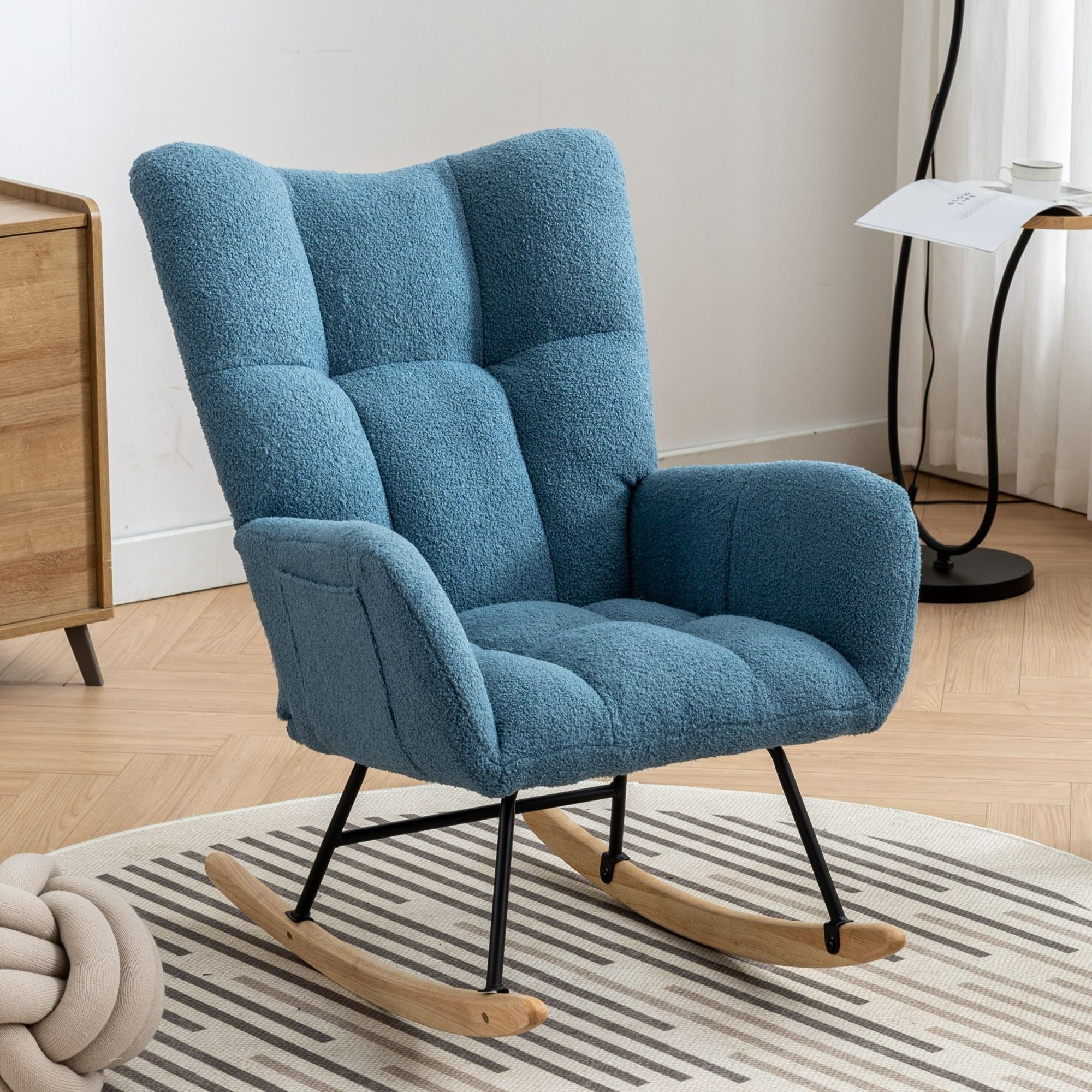 Wingback Rocking Chair with Storage Pocket, Upholstered in Soft Teddy Fabric, Featuring a Sturdy Solid Wood Base